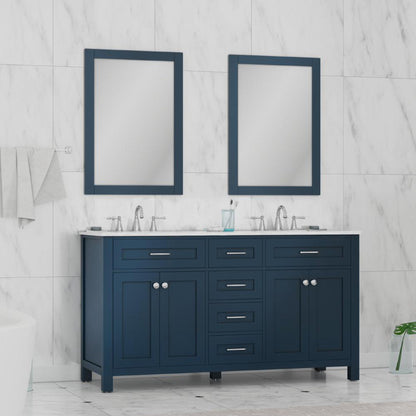 Alya Bath Norwalk 60" Double Blue Freestanding  Bathroom Vanity With Carrara Marble Top, Ceramic Sinks and Two Mirrors - HE-101-60D-B-CWMT + 2x HE-101/102-24-B-M - Backyard Provider