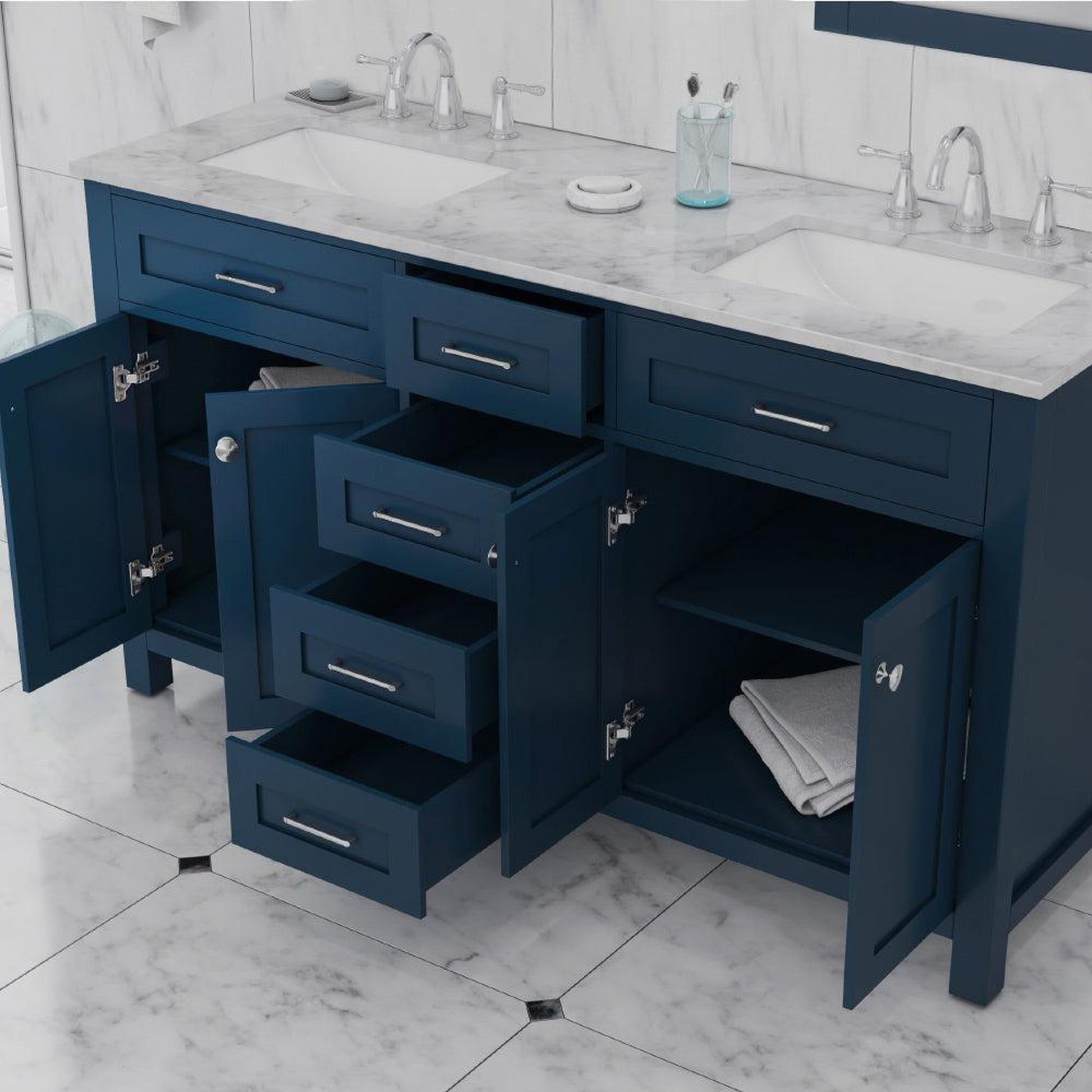Alya Bath Norwalk 60" Double Blue Freestanding  Bathroom Vanity With Carrara Marble Top, Ceramic Sinks and Two Mirrors - HE-101-60D-B-CWMT + 2x HE-101/102-24-B-M - Backyard Provider