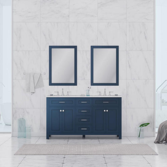 Alya Bath Norwalk 60" Double Blue Freestanding  Bathroom Vanity With Carrara Marble Top, Ceramic Sinks and Two Mirrors - HE-101-60D-B-CWMT + 2x HE-101/102-24-B-M - Backyard Provider
