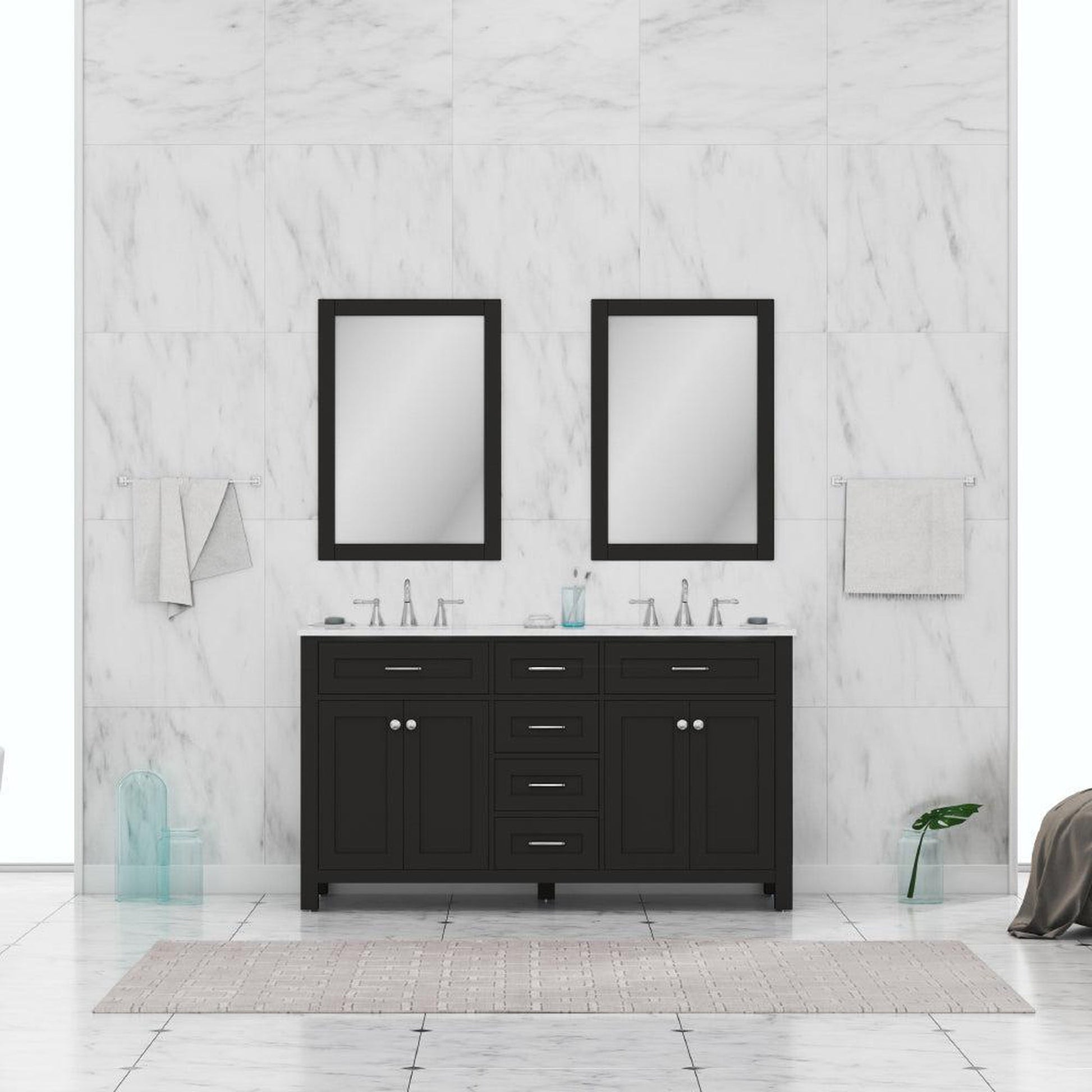 Alya Bath Norwalk 60" Double Espresso Freestanding  Bathroom Vanity With Carrara Marble Top, Ceramic Sinks and Two Mirrors - HE-101-60D-E-CWMT + 2x HE-101/102-24-E-M - Backyard Provider