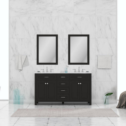 Alya Bath Norwalk 60" Double Espresso Freestanding  Bathroom Vanity With Carrara Marble Top, Ceramic Sinks and Two Mirrors - HE-101-60D-E-CWMT + 2x HE-101/102-24-E-M - Backyard Provider