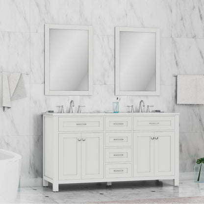 Alya Bath Norwalk 60" Double White Freestanding  Bathroom Vanity With Carrara Marble Top, Ceramic Sink and Two Mirrors - HE-101-60D-W-CWMT + 2x HE-101/102-24-W-M - Backyard Provider