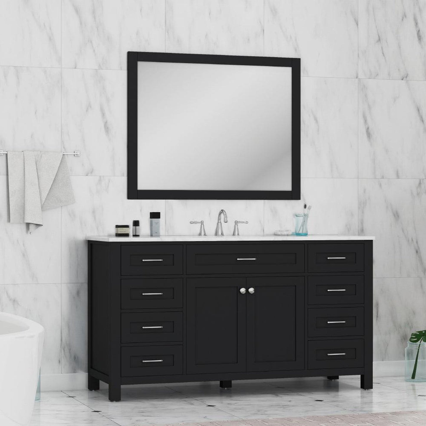 Alya Bath Norwalk 60" Single Espresso Freestanding  Bathroom Vanity With Carrara Marble Top, Ceramic Sink and Wall Mounted Mirror - HE-101-60S-E-CWMT + AT-48-M-B - Backyard Provider