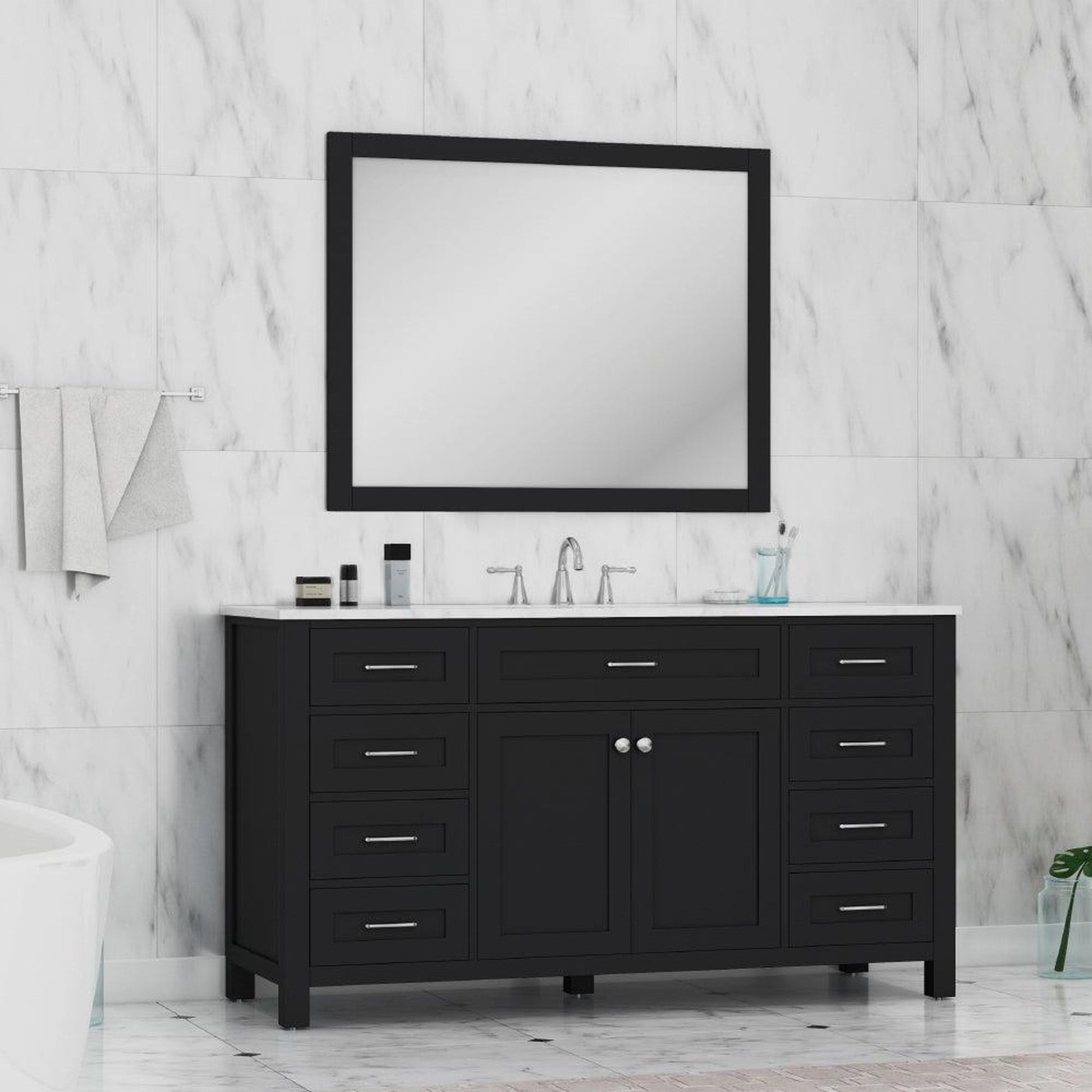 Alya Bath Norwalk 60" Single Espresso Freestanding  Bathroom Vanity With Carrara Marble Top, Ceramic Sink and Wall Mounted Mirror - HE-101-60S-E-CWMT + AT-48-M-B - Backyard Provider