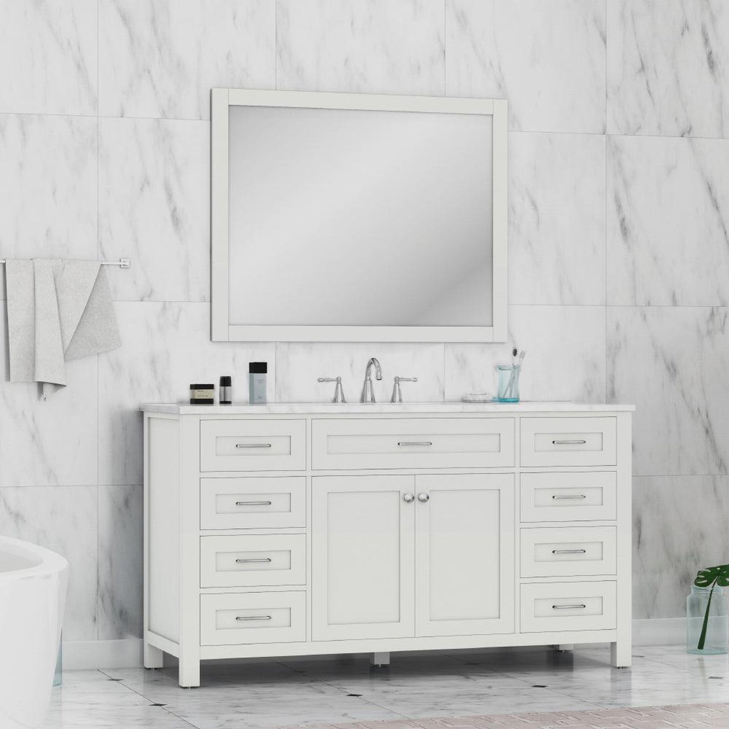 Alya Bath Norwalk 60" Single White Freestanding  Bathroom Vanity With Carrara Marble Top, Ceramic Sink with Wall Mounted Mirror - HE-101-60S-W-CWMT + AT-48-M-W - Backyard Provider