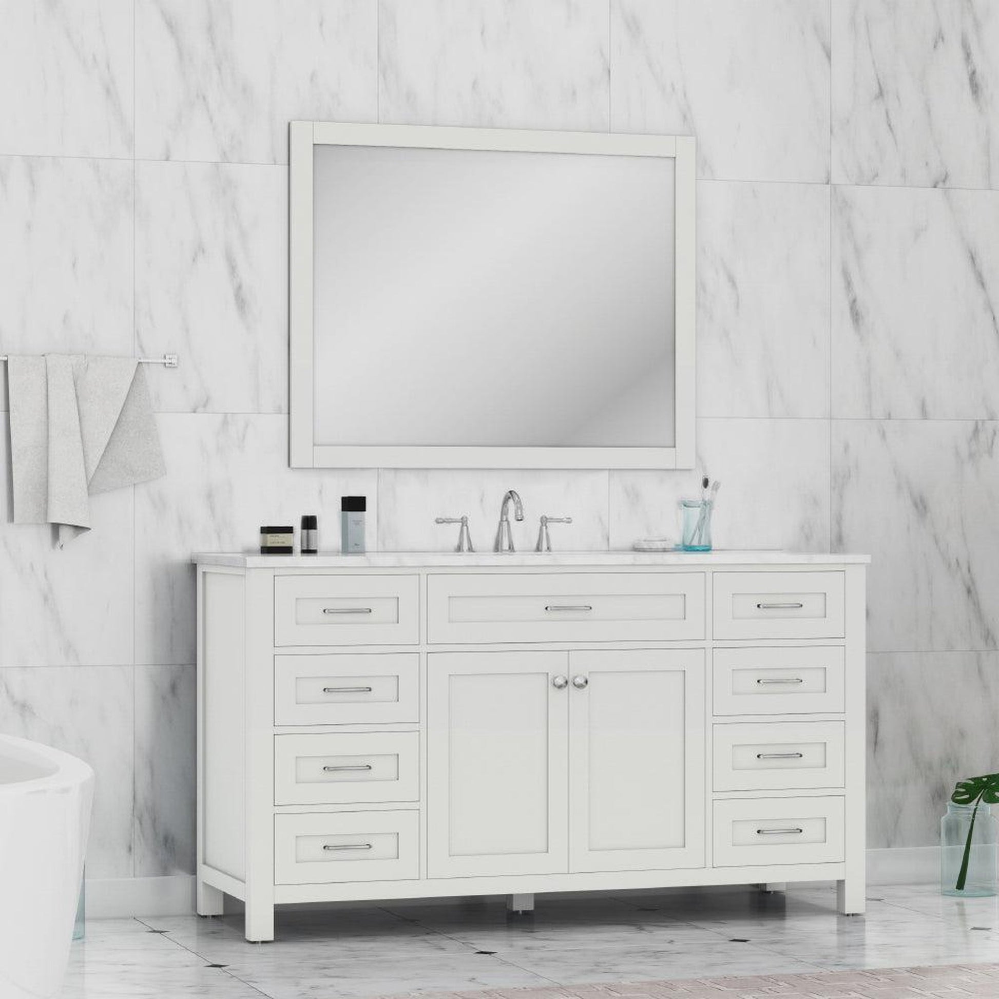 Alya Bath Norwalk 60" Single White Freestanding  Bathroom Vanity With Carrara Marble Top, Ceramic Sink with Wall Mounted Mirror - HE-101-60S-W-CWMT + AT-48-M-W - Backyard Provider