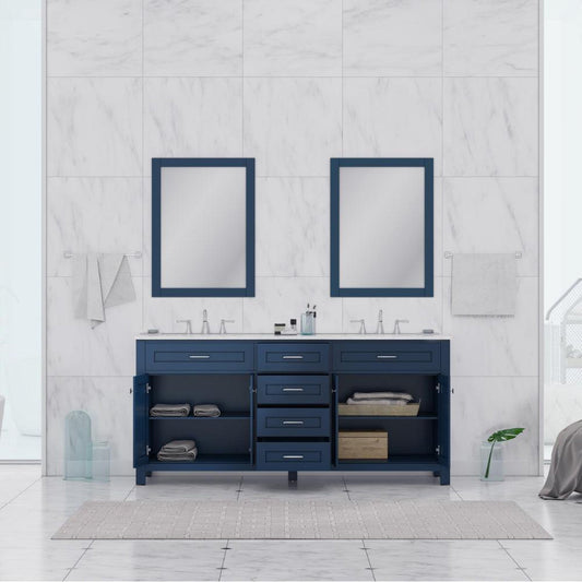 Alya Bath Norwalk 72" Double Blue Freestanding  Bathroom Vanity With Carrara Marble Top, Ceramic Sink and Two Mirrors - HE-101-72D-B-CWMT + 2x HE-101/102-30-B-M - Backyard Provider