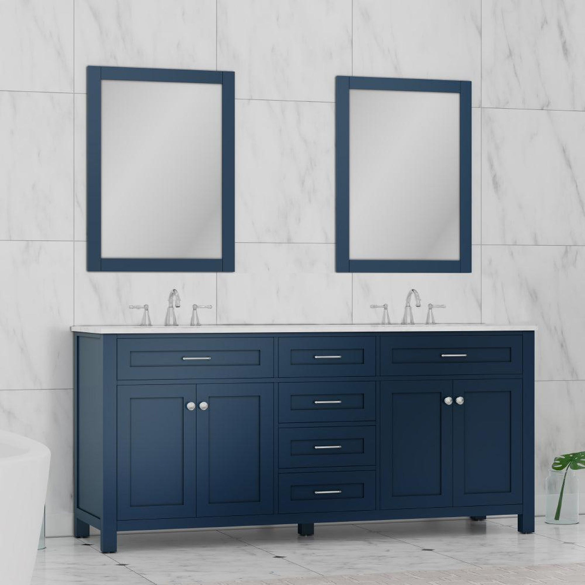 Alya Bath Norwalk 72" Double Blue Freestanding  Bathroom Vanity With Carrara Marble Top, Ceramic Sink and Two Mirrors - HE-101-72D-B-CWMT + 2x HE-101/102-30-B-M - Backyard Provider