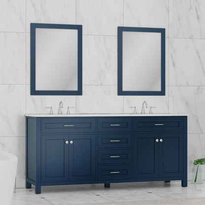Alya Bath Norwalk 72" Double Blue Freestanding  Bathroom Vanity With Carrara Marble Top, Ceramic Sink and Two Mirrors - HE-101-72D-B-CWMT + 2x HE-101/102-30-B-M - Backyard Provider