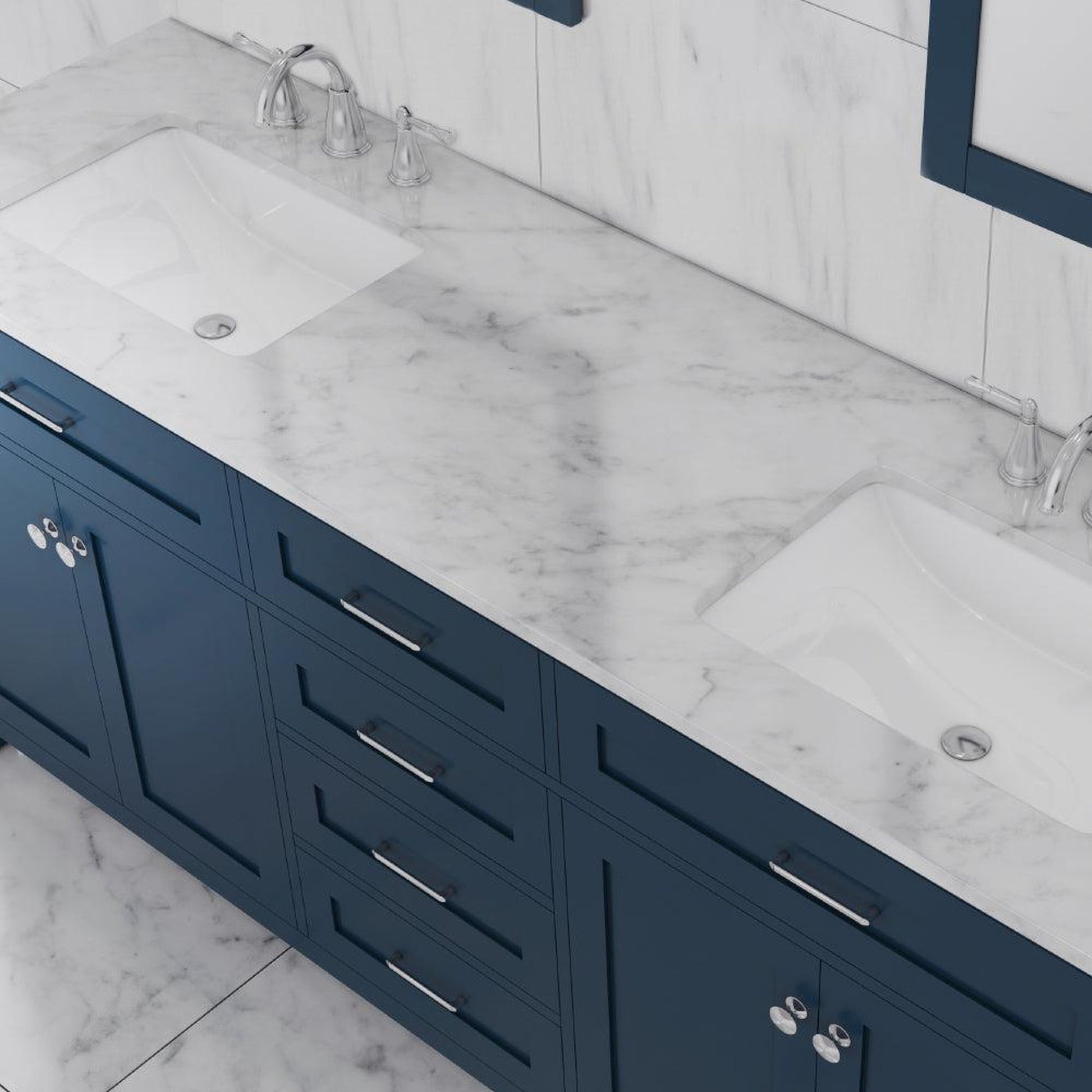 Alya Bath Norwalk 72" Double Blue Freestanding  Bathroom Vanity With Carrara Marble Top, Ceramic Sink and Two Mirrors - HE-101-72D-B-CWMT + 2x HE-101/102-30-B-M - Backyard Provider