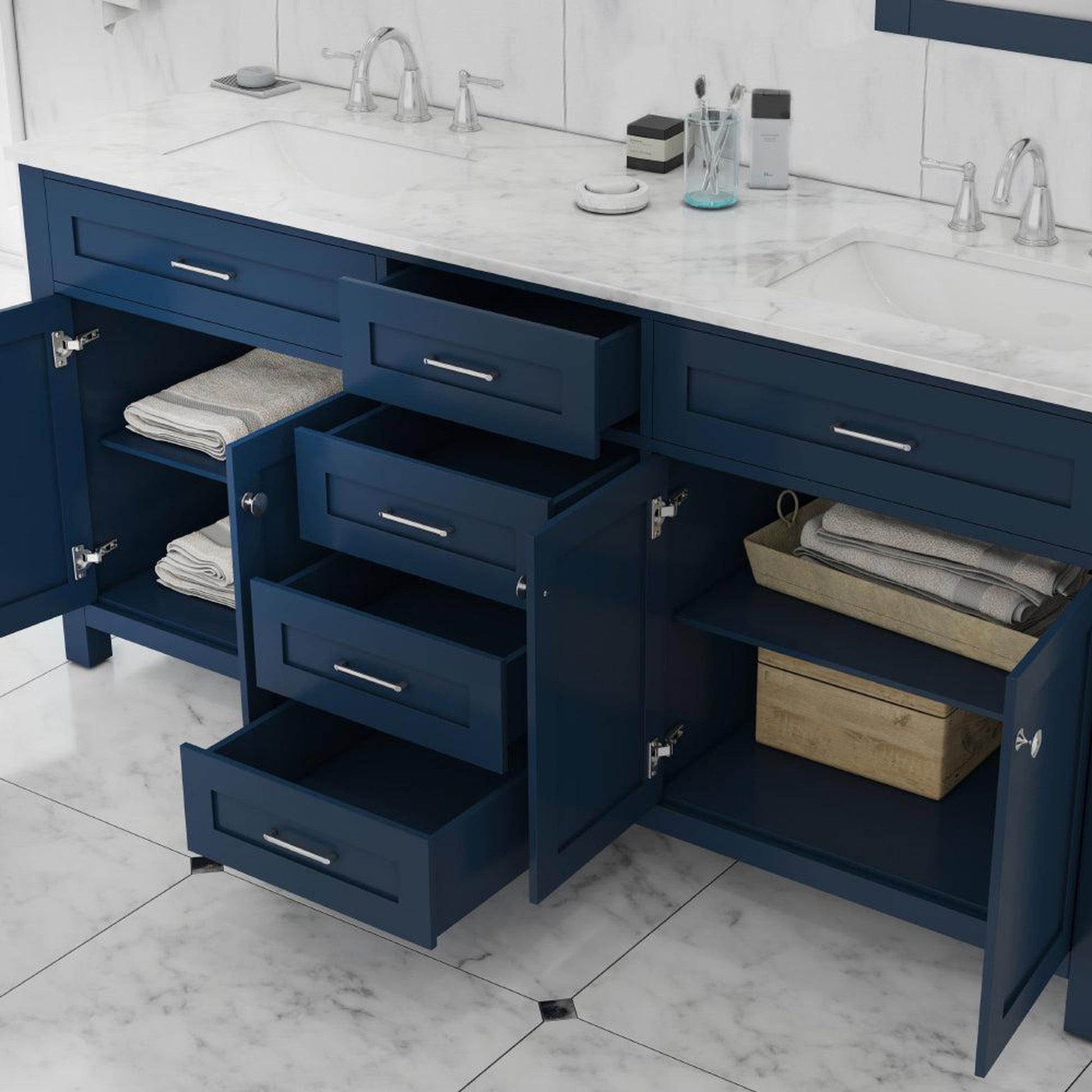 Alya Bath Norwalk 72" Double Blue Freestanding  Bathroom Vanity With Carrara Marble Top, Ceramic Sink and Two Mirrors - HE-101-72D-B-CWMT + 2x HE-101/102-30-B-M - Backyard Provider