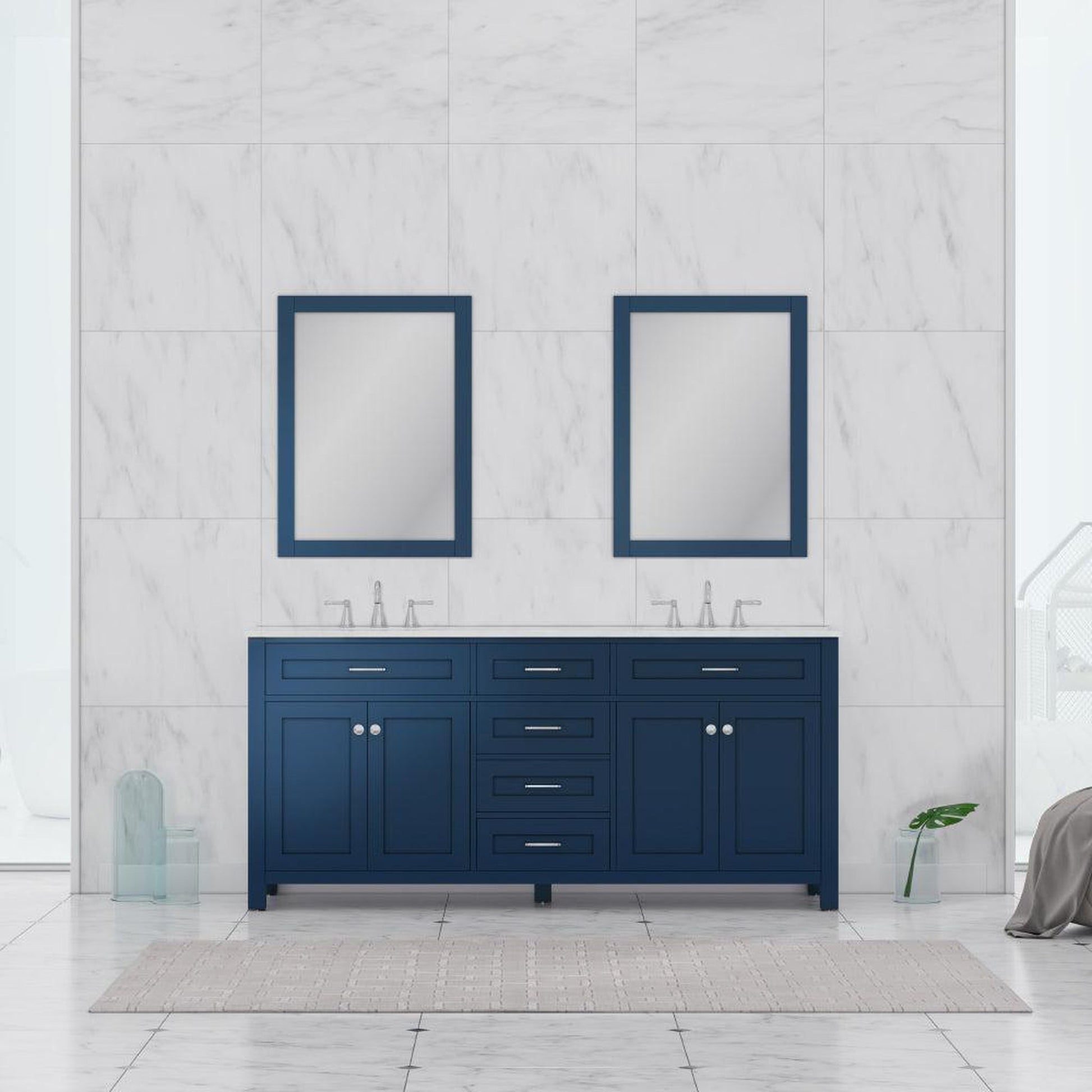 Alya Bath Norwalk 72" Double Blue Freestanding  Bathroom Vanity With Carrara Marble Top, Ceramic Sink and Two Mirrors - HE-101-72D-B-CWMT + 2x HE-101/102-30-B-M - Backyard Provider