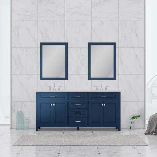 Alya Bath Norwalk 72" Double Blue Freestanding  Bathroom Vanity With Carrara Marble Top, Ceramic Sink and Two Mirrors - HE-101-72D-B-CWMT + 2x HE-101/102-30-B-M - Backyard Provider