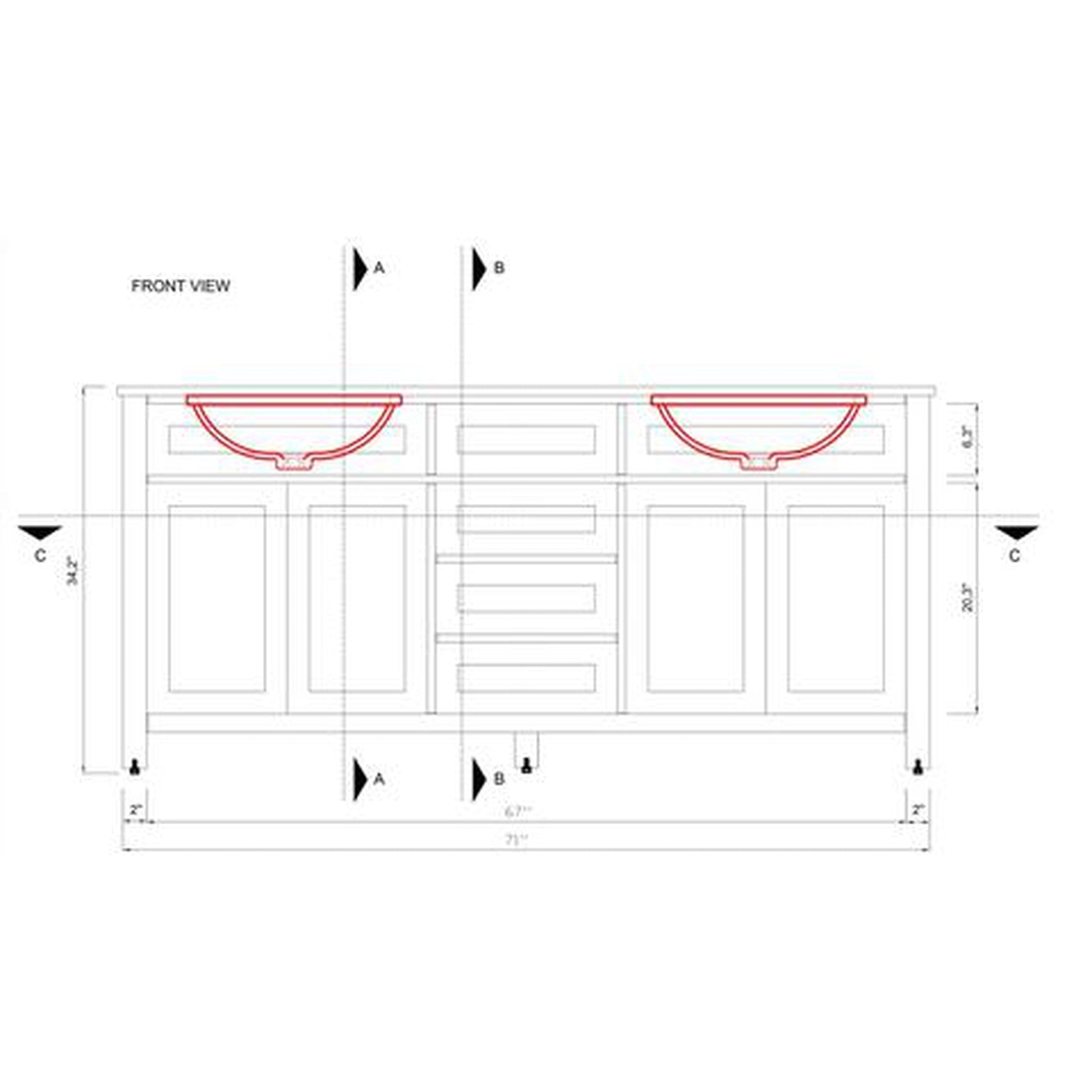 Alya Bath Norwalk 72" Double Espresso Freestanding  Bathroom Vanity With Carrara Marble Top, Ceramic Sink and Two Mirrors - HE-101-72D-E-CWMT + 2x HE-101/102-30-E-M - Backyard Provider