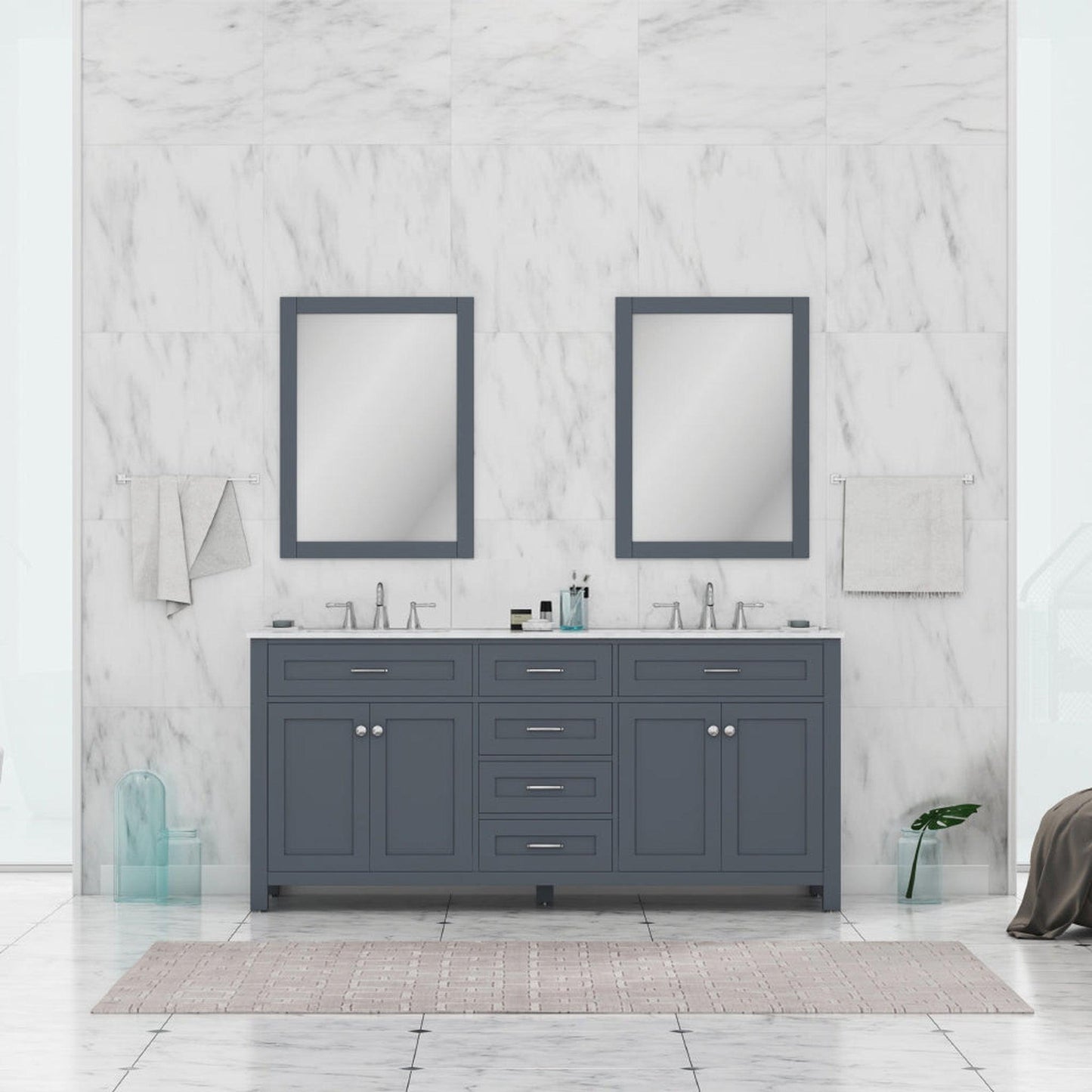 Alya Bath Norwalk 72" Double Gray Freestanding  Bathroom Vanity With Carrara Marble Top, Ceramic Sink and Two Mirrors - HE-101-72D-G-CWMT + 2x HE-101/102-30-G-M - Backyard Provider