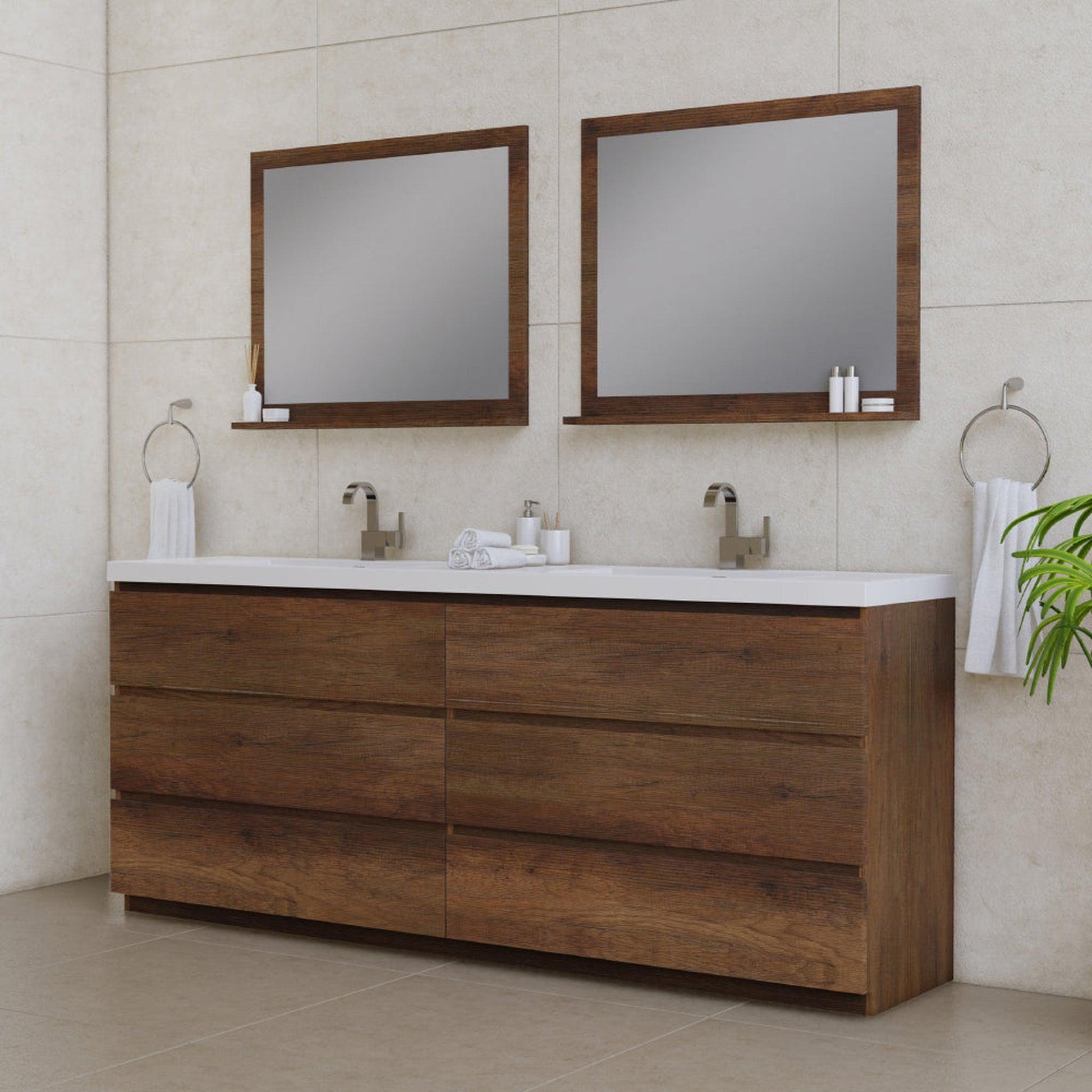 Alya Bath Paterno 84" Double Rosewood Modern Freestanding Bathroom Vanity With Acrylic Top and Integrated Sink - AB-MOA84D-RW - Backyard Provider