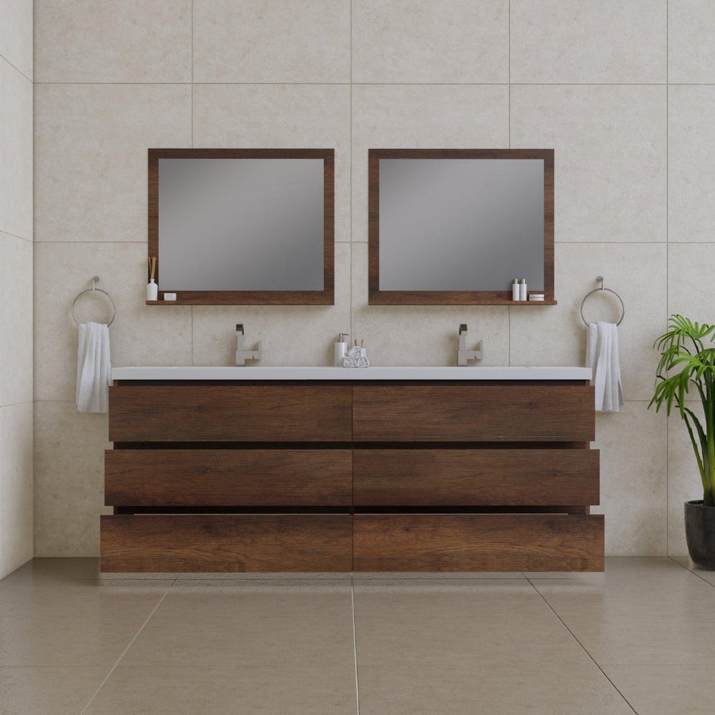 Alya Bath Paterno 84" Double Rosewood Modern Freestanding Bathroom Vanity With Acrylic Top and Integrated Sink - AB-MOA84D-RW - Backyard Provider