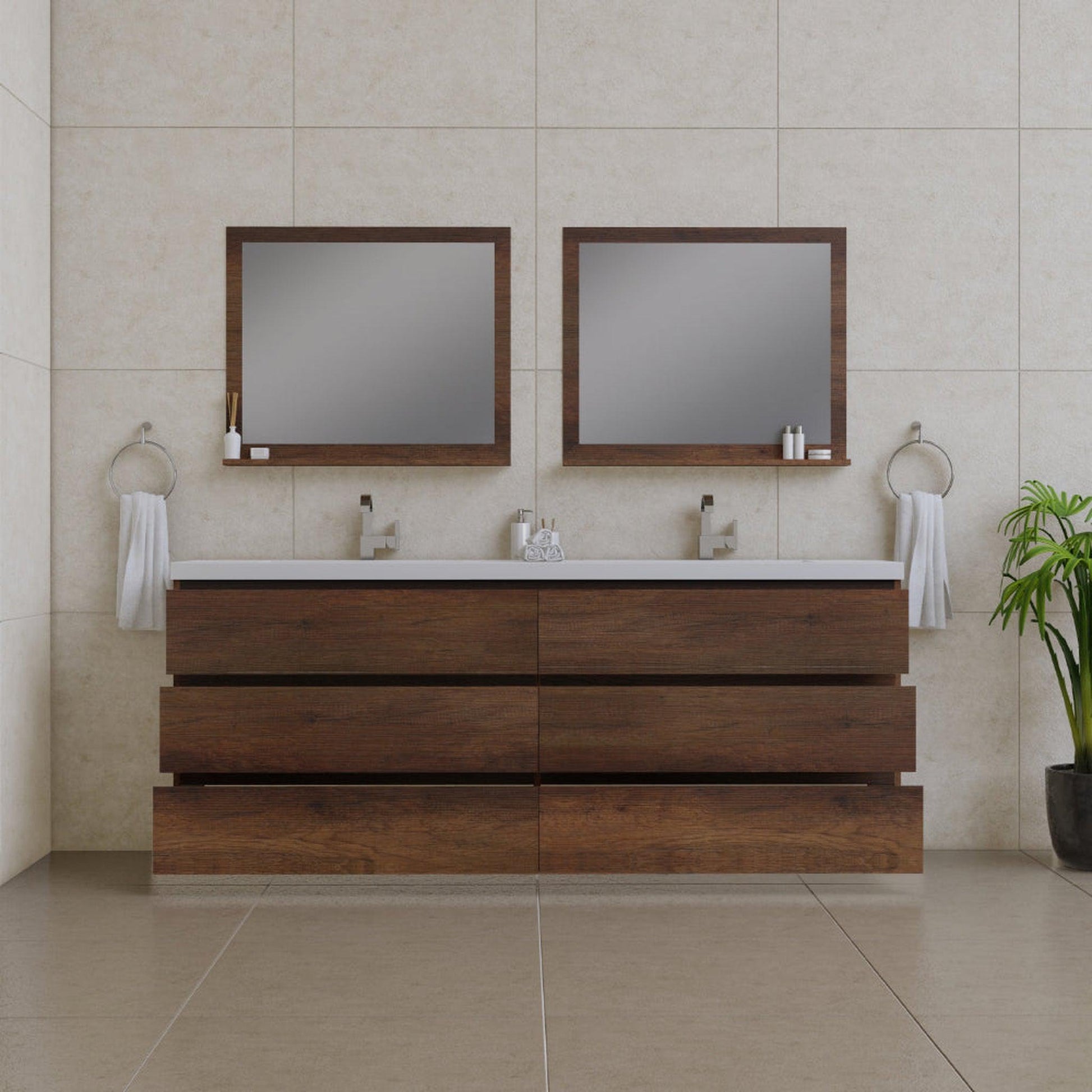 Alya Bath Paterno 84" Double Rosewood Modern Freestanding Bathroom Vanity With Acrylic Top and Integrated Sink - AB-MOA84D-RW - Backyard Provider