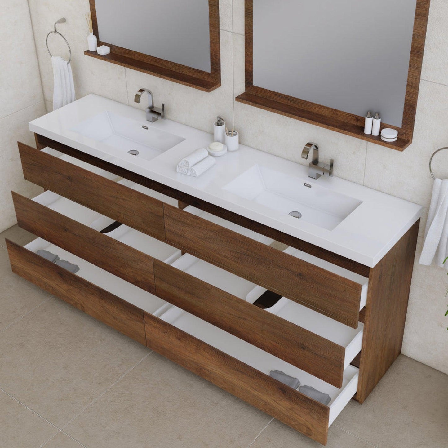 Alya Bath Paterno 84" Double Rosewood Modern Freestanding Bathroom Vanity With Acrylic Top and Integrated Sink - AB-MOA84D-RW - Backyard Provider