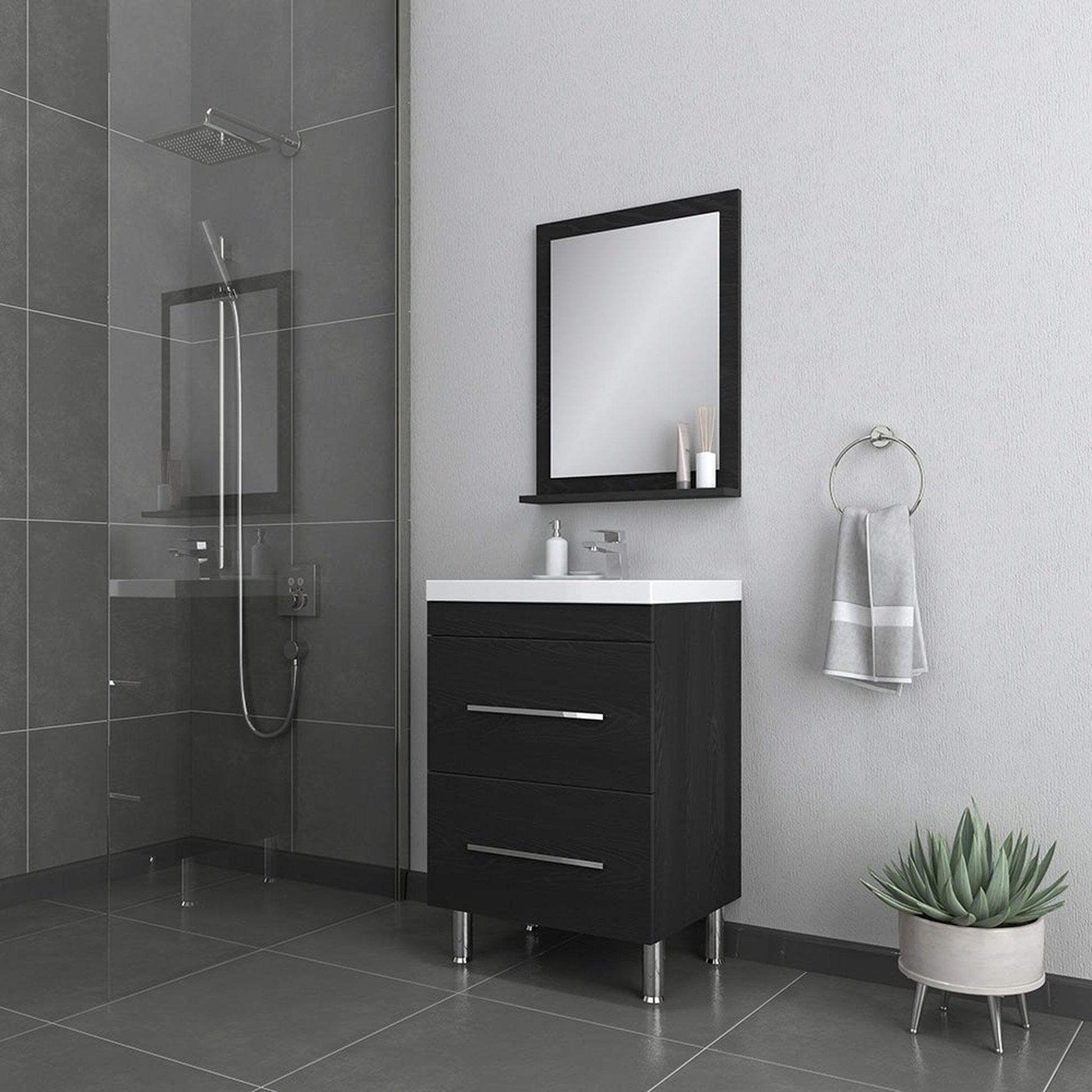 Alya Bath Ripley  24"  Single Black Modern Freestanding  Bathroom Vanity With Integrated Acrylic Top, Acrylic Sink and Wall Mounted Mirror - AT-8080-B+AT-24-M-B - Backyard Provider