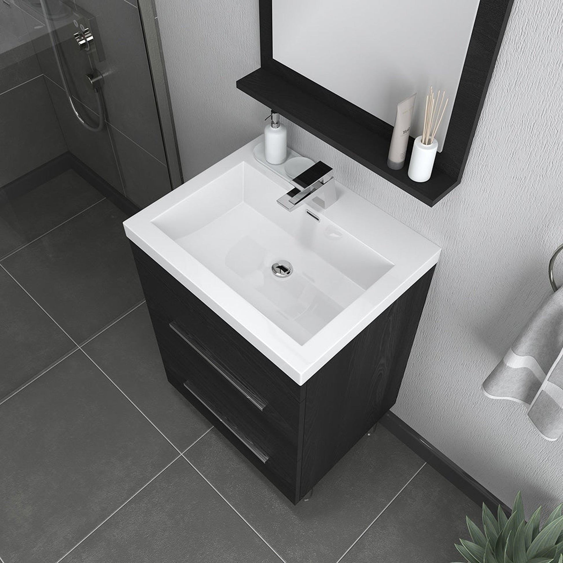 Alya Bath Ripley  24"  Single Black Modern Freestanding  Bathroom Vanity With Integrated Acrylic Top, Acrylic Sink and Wall Mounted Mirror - AT-8080-B+AT-24-M-B - Backyard Provider