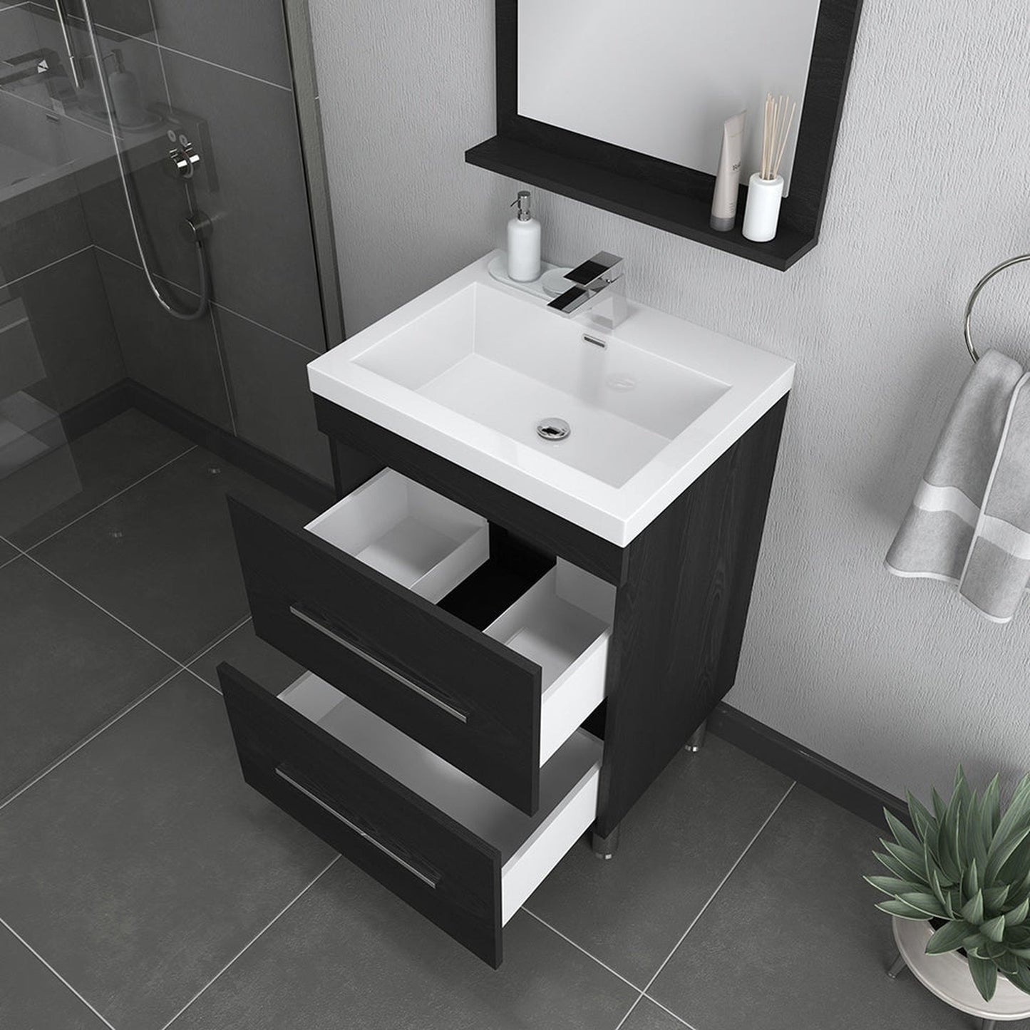 Alya Bath Ripley  24"  Single Black Modern Freestanding  Bathroom Vanity With Integrated Acrylic Top, Acrylic Sink and Wall Mounted Mirror - AT-8080-B+AT-24-M-B - Backyard Provider