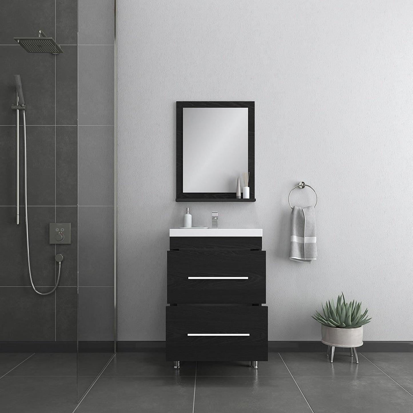 Alya Bath Ripley  24"  Single Black Modern Freestanding  Bathroom Vanity With Integrated Acrylic Top, Acrylic Sink and Wall Mounted Mirror - AT-8080-B+AT-24-M-B - Backyard Provider