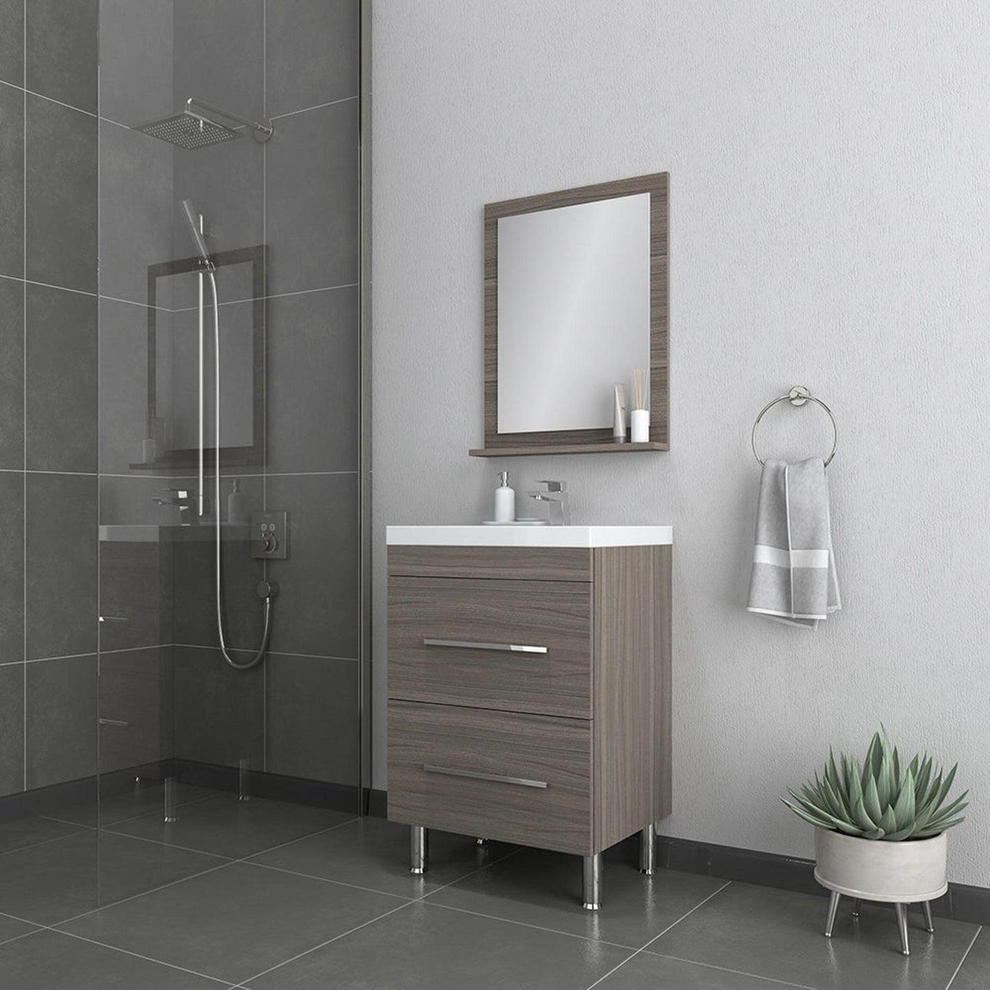 Alya Bath Ripley  24" Single Gray Modern Freestanding  Bathroom Vanity With Integrated Acrylic Top, Acrylic Sink and Wall Mounted Mirror - AT-8080-G+AT-24-M-G - Backyard Provider