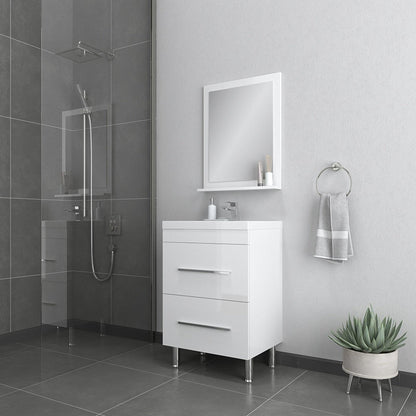 Alya Bath Ripley 24" Single White Modern Freestanding Single Bathroom Vanity With Integrated Acrylic Top, Acrylic Sink and Wall Mounted Mirror - AT-8080-W+AT-24-M-W - Backyard Provider
