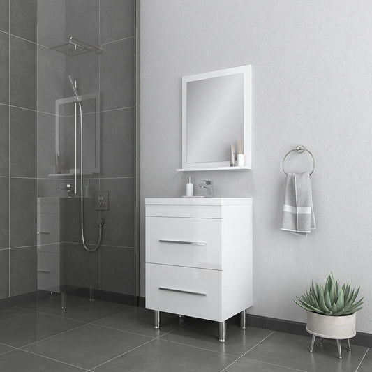 Alya Bath Ripley 24" Single White Modern Freestanding Single Bathroom Vanity With Integrated Acrylic Top, Acrylic Sink and Wall Mounted Mirror - AT-8080-W+AT-24-M-W - Backyard Provider
