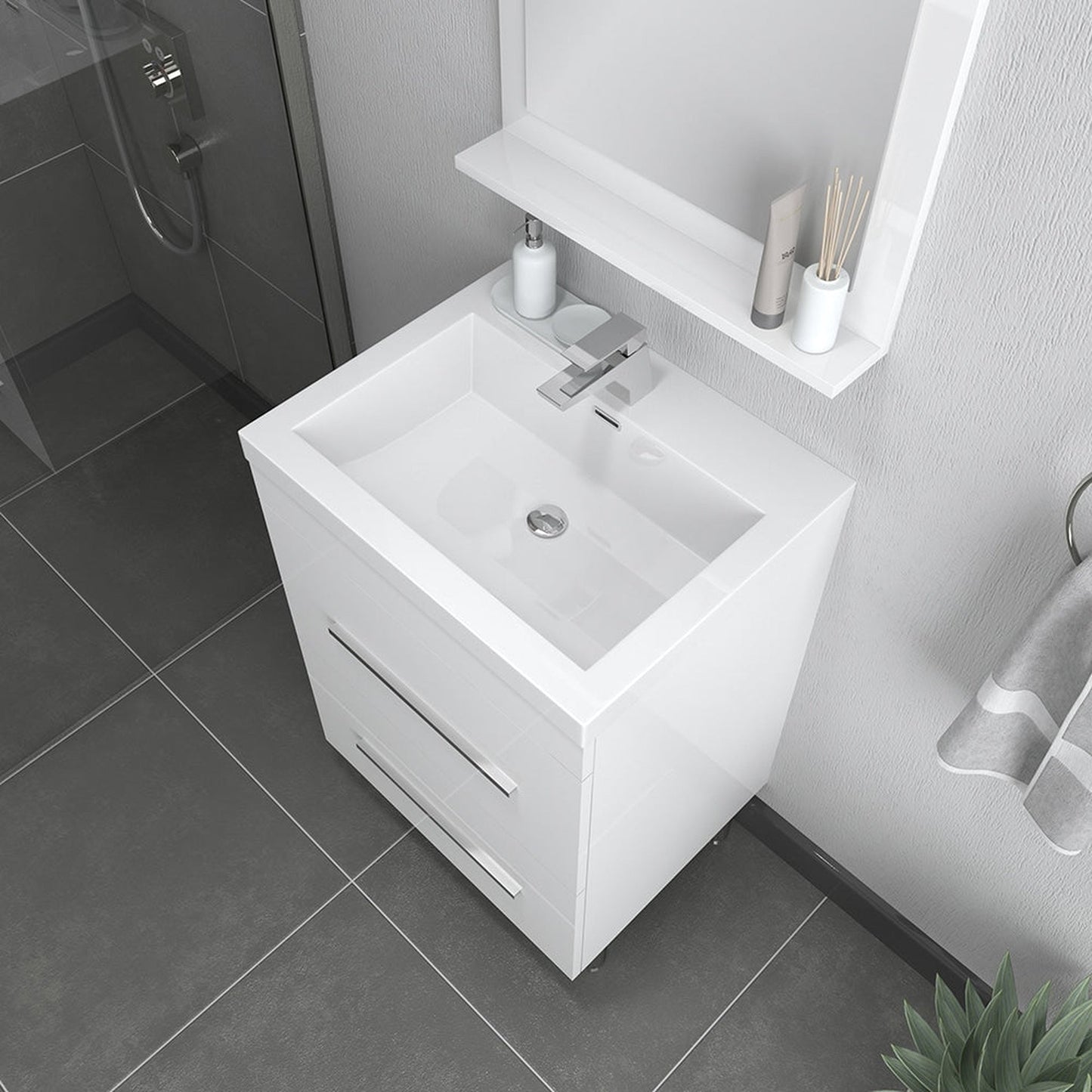 Alya Bath Ripley 24" Single White Modern Freestanding Single Bathroom Vanity With Integrated Acrylic Top, Acrylic Sink and Wall Mounted Mirror - AT-8080-W+AT-24-M-W - Backyard Provider
