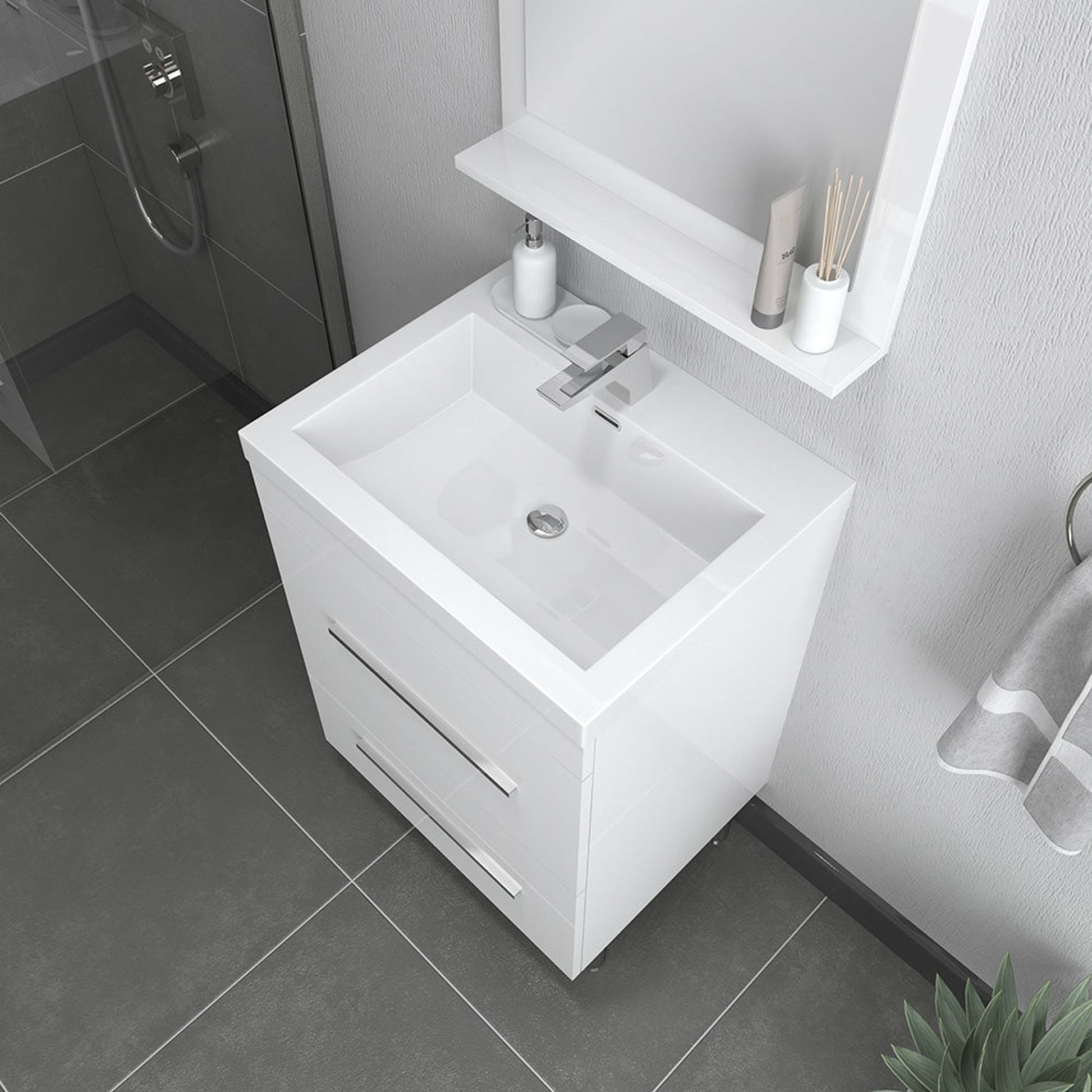 Alya Bath Ripley 24" Single White Modern Freestanding Single Bathroom Vanity With Integrated Acrylic Top, Acrylic Sink and Wall Mounted Mirror - AT-8080-W+AT-24-M-W - Backyard Provider