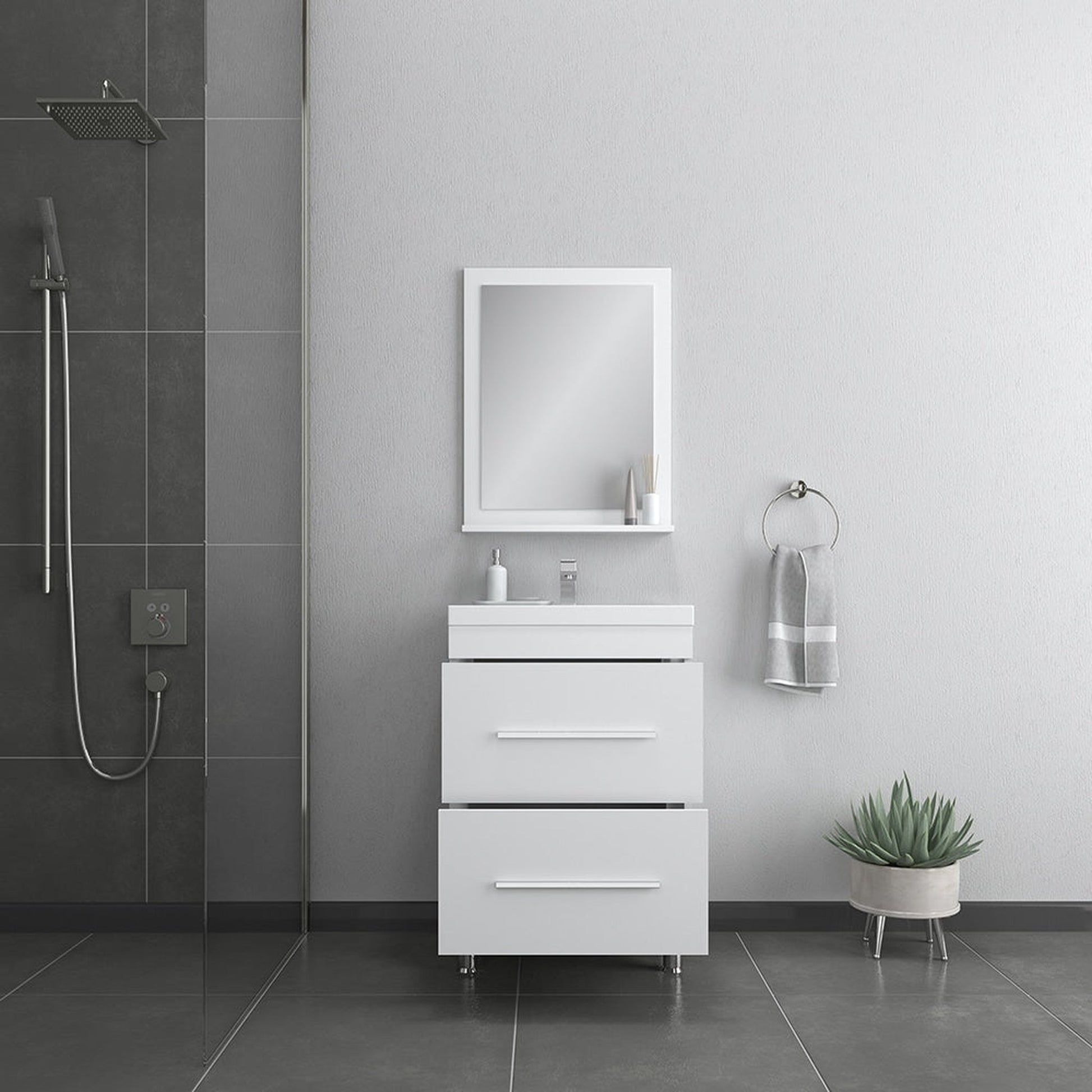 Alya Bath Ripley 24" Single White Modern Freestanding Single Bathroom Vanity With Integrated Acrylic Top, Acrylic Sink and Wall Mounted Mirror - AT-8080-W+AT-24-M-W - Backyard Provider