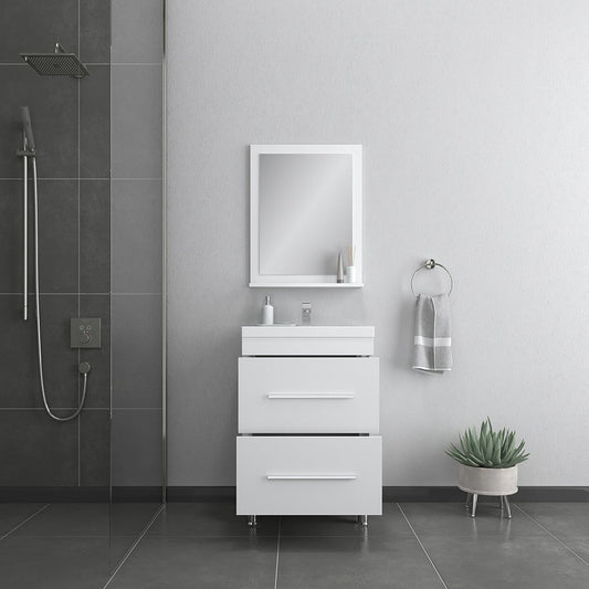 Alya Bath Ripley 24" Single White Modern Freestanding Single Bathroom Vanity With Integrated Acrylic Top, Acrylic Sink and Wall Mounted Mirror - AT-8080-W+AT-24-M-W - Backyard Provider