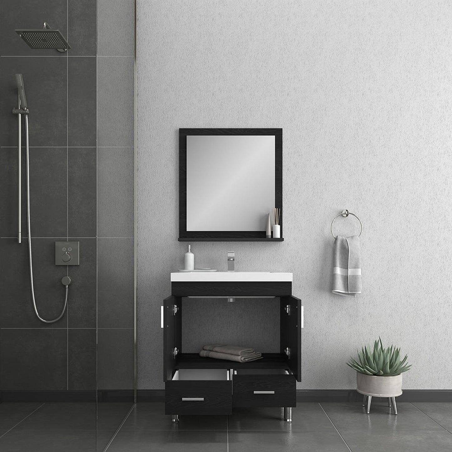 Alya Bath Ripley 30" Single Black Modern Freestanding  Bathroom Vanity With Integrated Acrylic Top, Acrylic Sink and Wall Mounted Mirror - AT-8085-B+AT-30-M-B - Backyard Provider