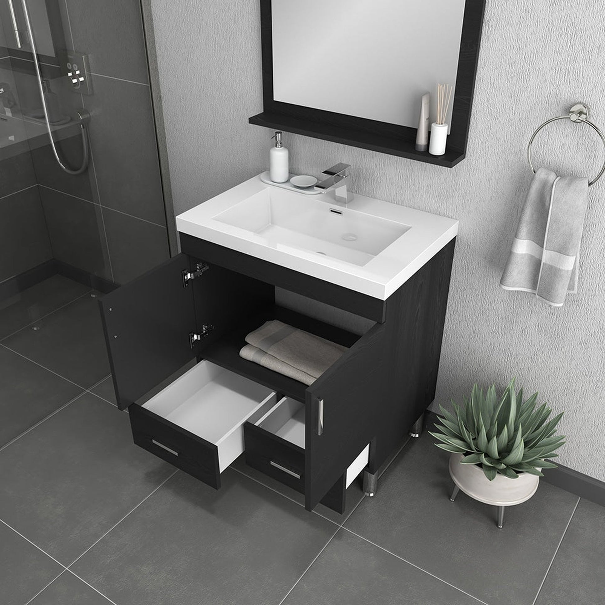 Alya Bath Ripley 30" Single Black Modern Freestanding  Bathroom Vanity With Integrated Acrylic Top, Acrylic Sink and Wall Mounted Mirror - AT-8085-B+AT-30-M-B - Backyard Provider