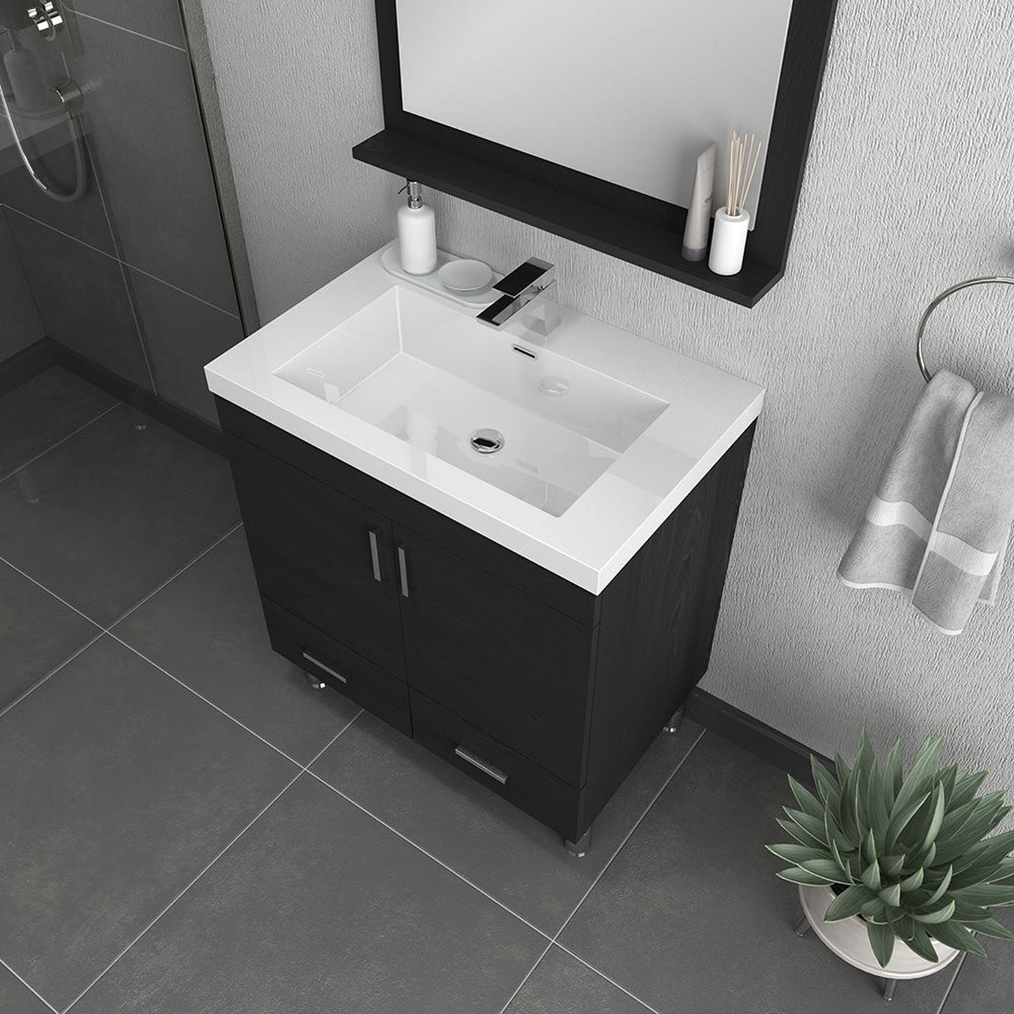 Alya Bath Ripley 30" Single Black Modern Freestanding  Bathroom Vanity With Integrated Acrylic Top, Acrylic Sink and Wall Mounted Mirror - AT-8085-B+AT-30-M-B - Backyard Provider