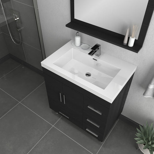 Alya Bath Ripley  30" Single Black Modern Freestanding  Bathroom Vanity With drawers, Integrated Acrylic Top, Acrylic Sink and Wall Mounted Mirror - AT-8050-B+AT-30-M-B - Backyard Provider