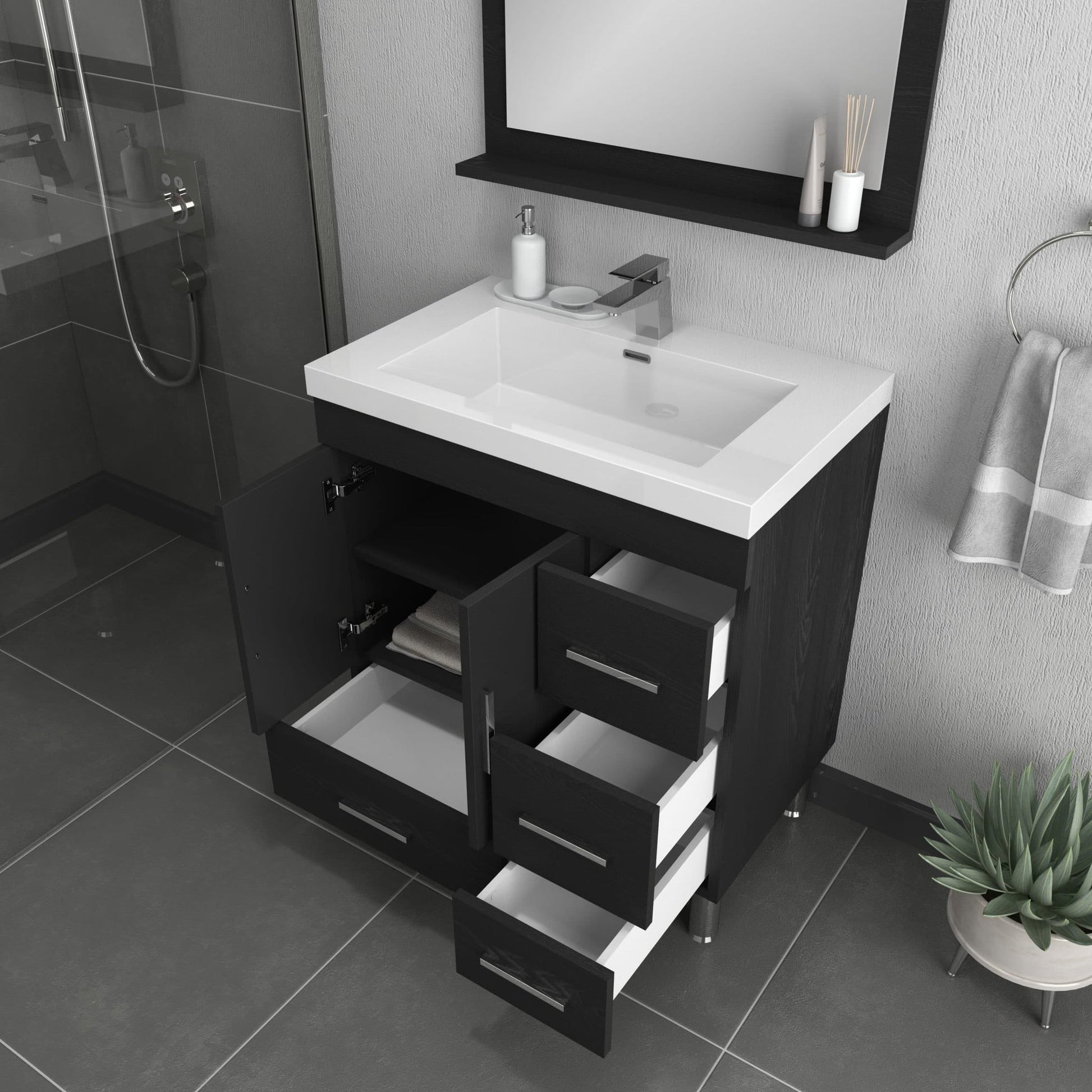Alya Bath Ripley  30" Single Black Modern Freestanding  Bathroom Vanity With drawers, Integrated Acrylic Top, Acrylic Sink and Wall Mounted Mirror - AT-8050-B+AT-30-M-B - Backyard Provider