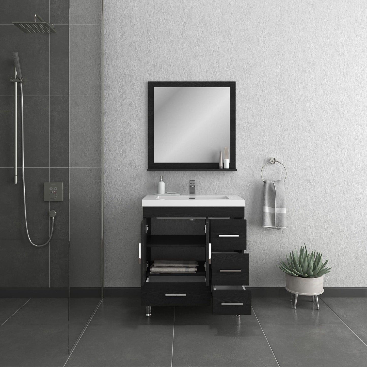 Alya Bath Ripley  30" Single Black Modern Freestanding  Bathroom Vanity With drawers, Integrated Acrylic Top, Acrylic Sink and Wall Mounted Mirror - AT-8050-B+AT-30-M-B - Backyard Provider