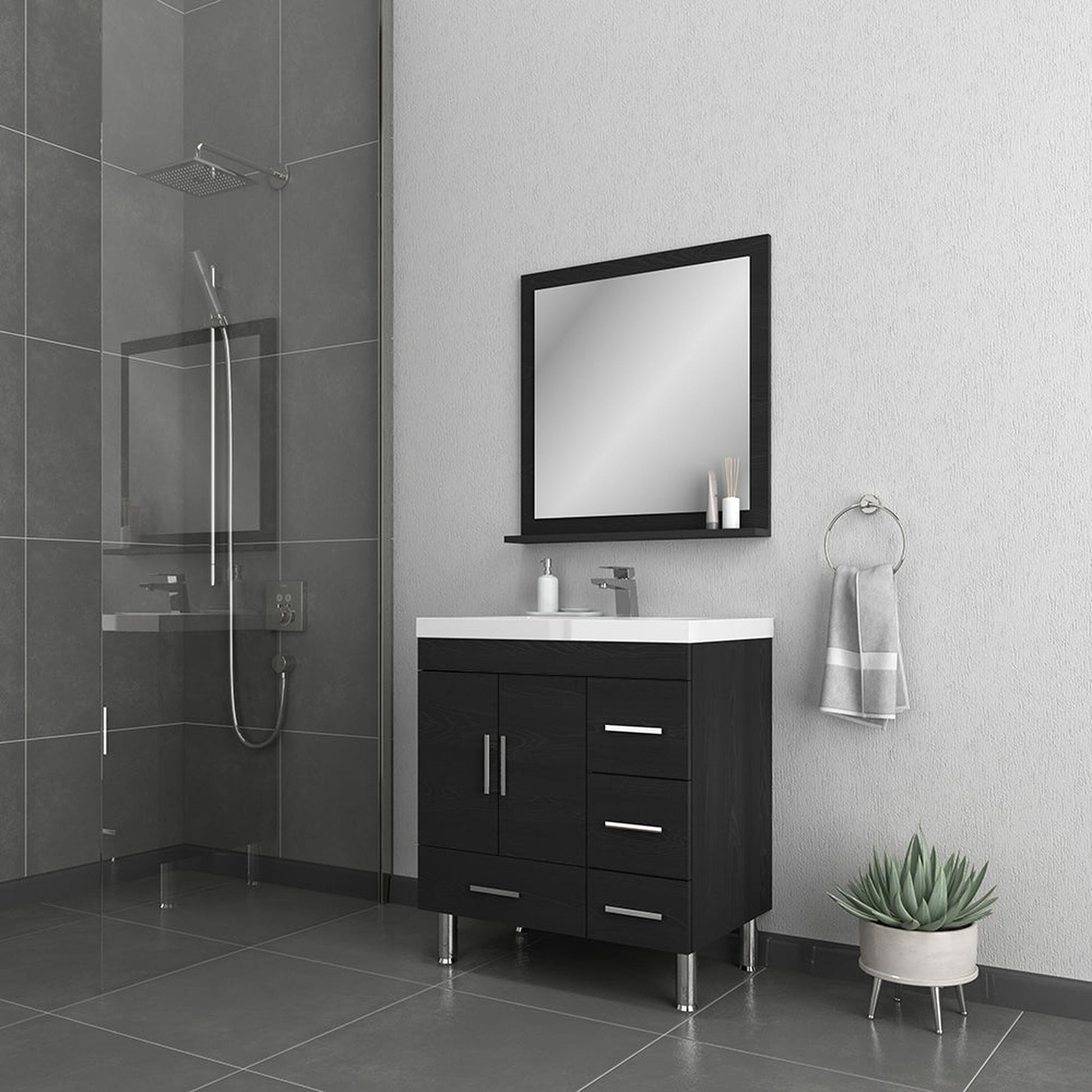 Alya Bath Ripley  30" Single Black Modern Freestanding  Bathroom Vanity With drawers, Integrated Acrylic Top, Acrylic Sink and Wall Mounted Mirror - AT-8050-B+AT-30-M-B - Backyard Provider