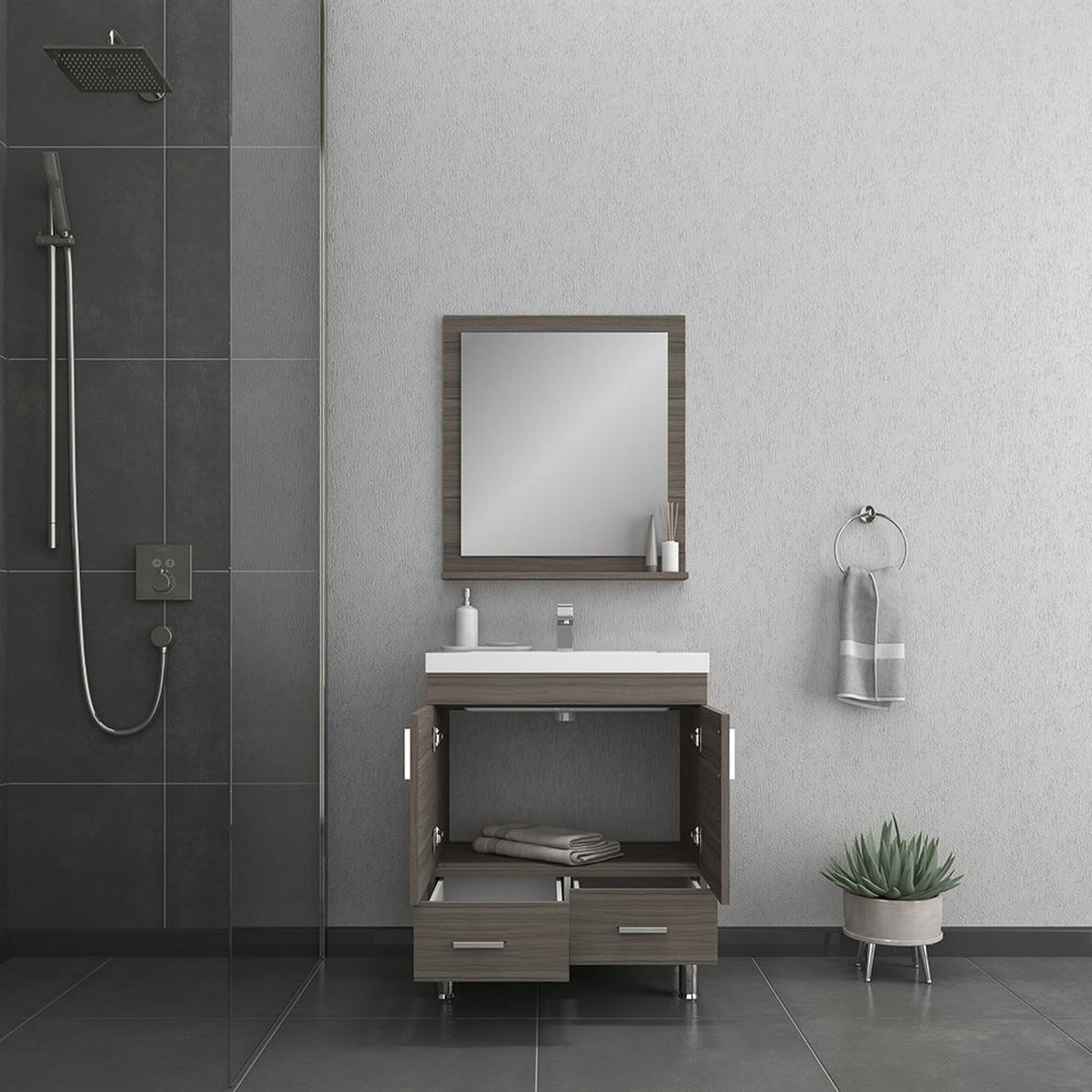 Alya Bath Ripley  30" Single Gray Modern Freestanding  Bathroom Vanity With Integrated Acrylic Top, Acrylic Sink and Wall Mounted Mirror - AT-8085-G+AT-30-M-G - Backyard Provider