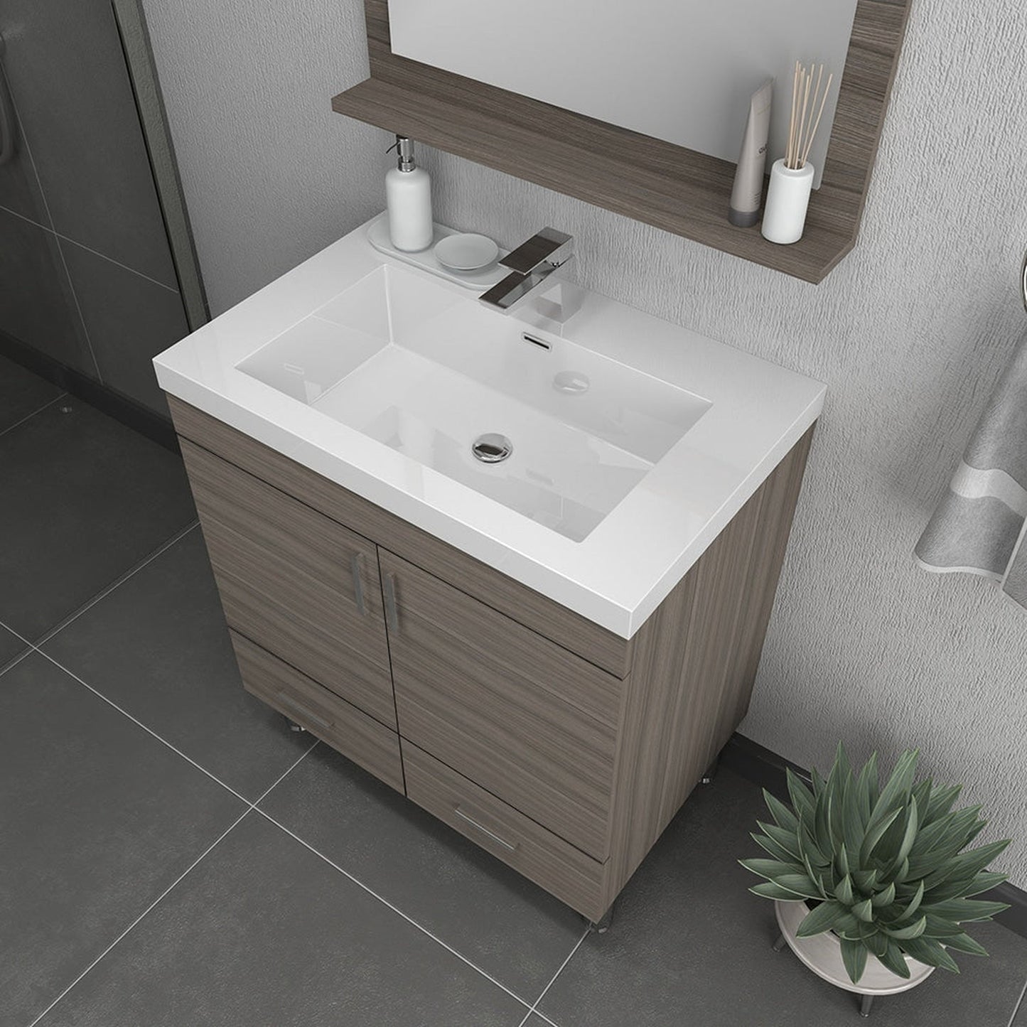 Alya Bath Ripley  30" Single Gray Modern Freestanding  Bathroom Vanity With Integrated Acrylic Top, Acrylic Sink and Wall Mounted Mirror - AT-8085-G+AT-30-M-G - Backyard Provider