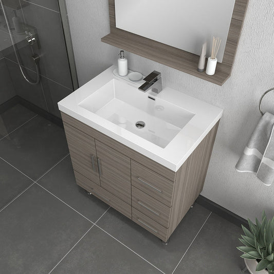 Alya Bath Ripley  30" Single Gray Modern Freestanding  Bathroom Vanity With drawers, Integrated Acrylic Top, Acrylic Sink and Wall Mounted Mirror - AT-8050-G+AT-30-M-G - Backyard Provider