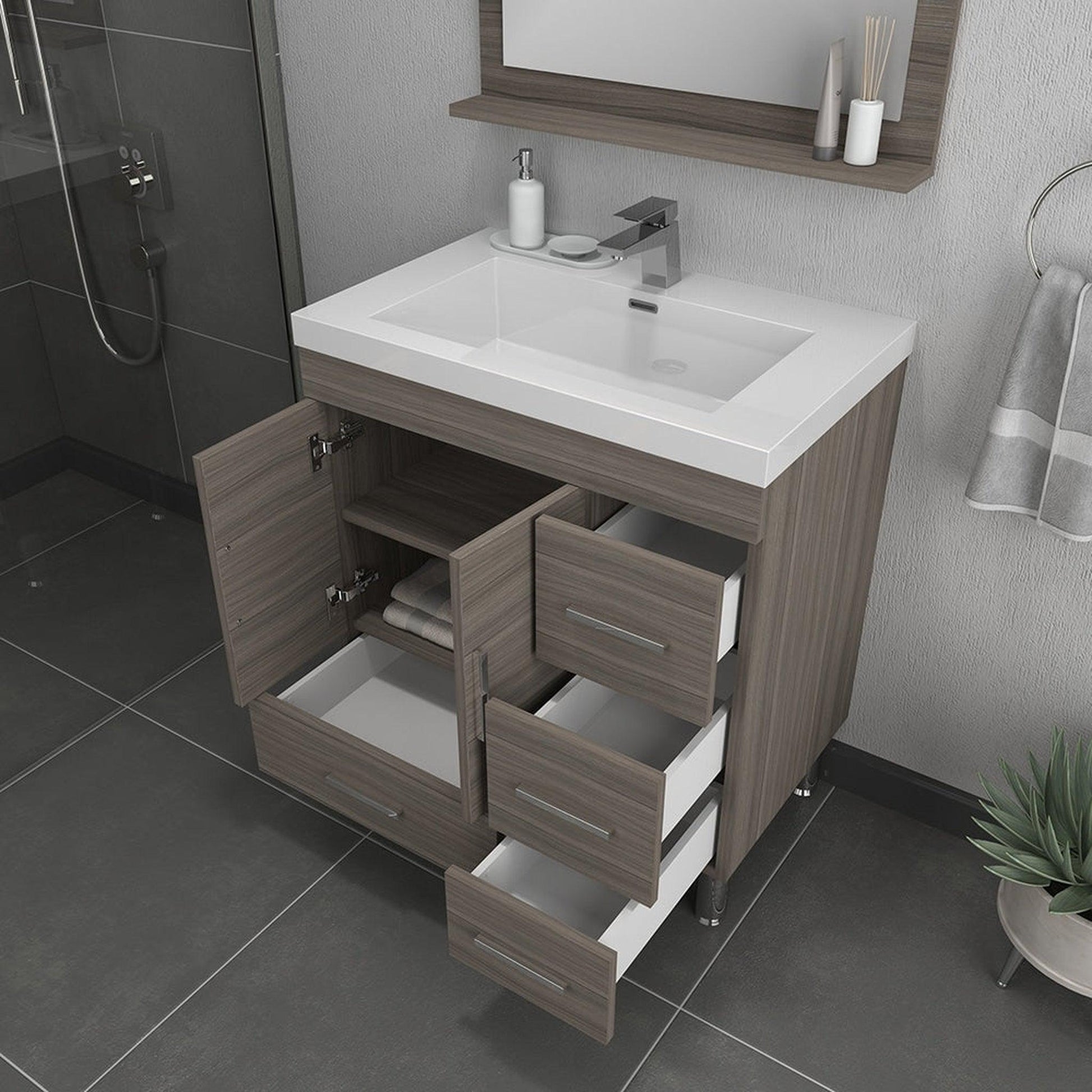 Alya Bath Ripley  30" Single Gray Modern Freestanding  Bathroom Vanity With drawers, Integrated Acrylic Top, Acrylic Sink and Wall Mounted Mirror - AT-8050-G+AT-30-M-G - Backyard Provider
