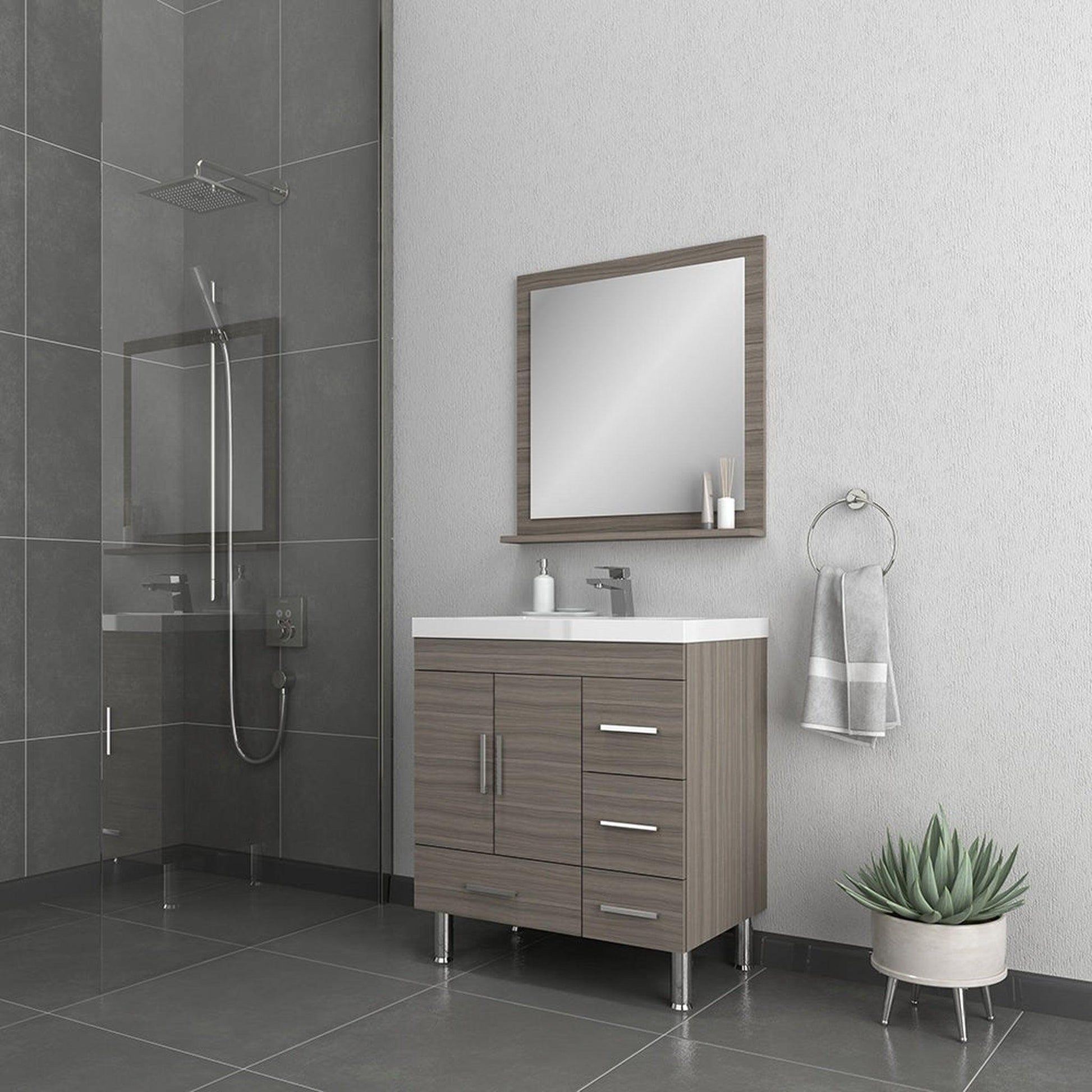 Alya Bath Ripley  30" Single Gray Modern Freestanding  Bathroom Vanity With drawers, Integrated Acrylic Top, Acrylic Sink and Wall Mounted Mirror - AT-8050-G+AT-30-M-G - Backyard Provider