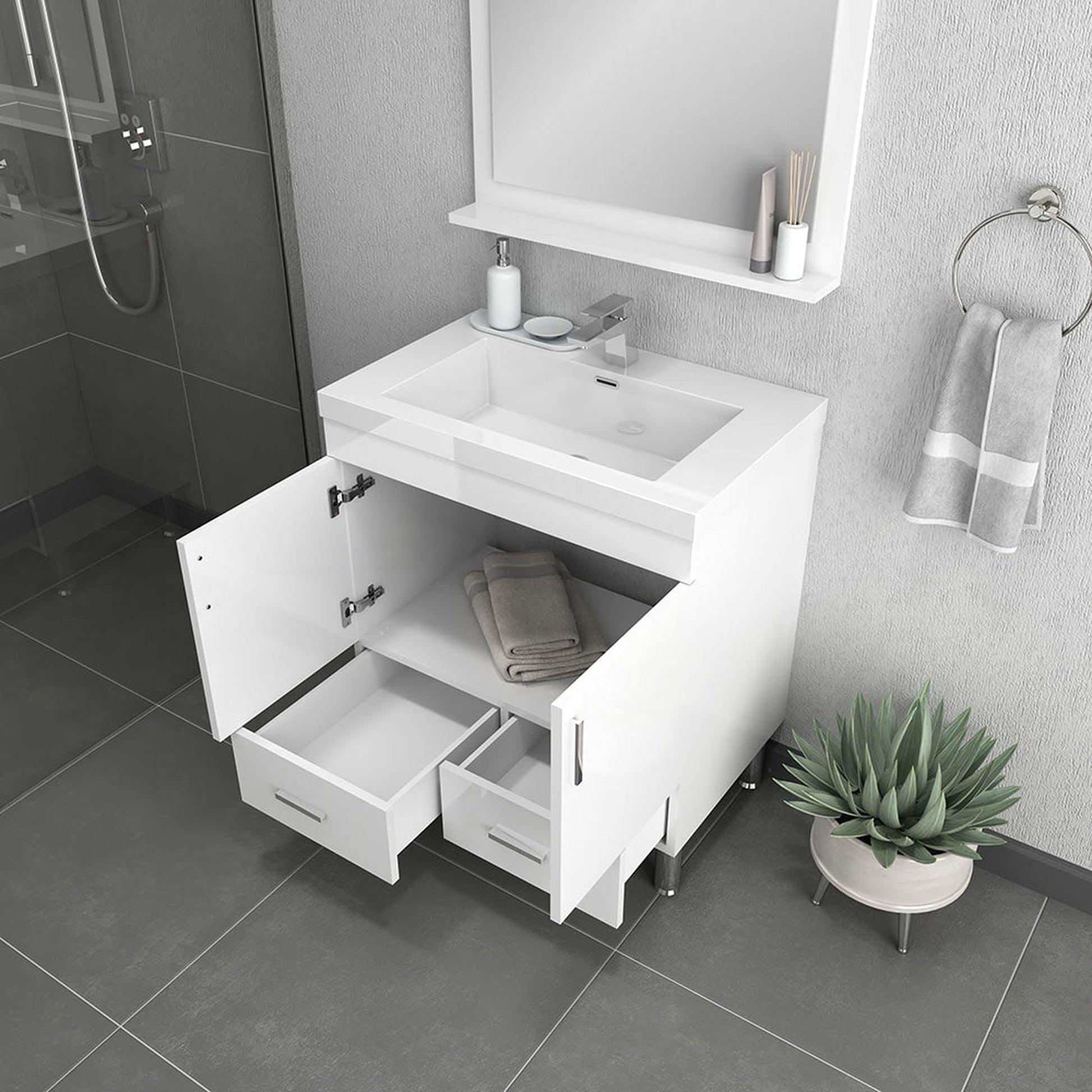 Alya Bath Ripley  30" Single White Modern Freestanding  Bathroom Vanity With Integrated Acrylic Top, Acrylic Sink and Wall Mounted Mirror - AT-8085-W+AT-30-M-W - Backyard Provider