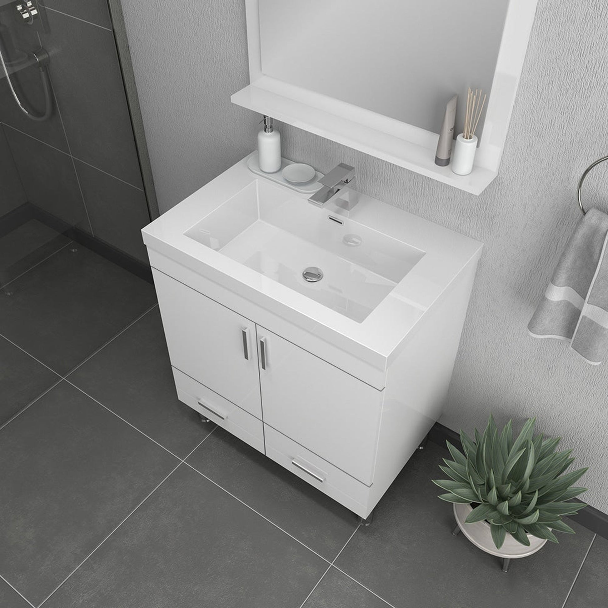 Alya Bath Ripley  30" Single White Modern Freestanding  Bathroom Vanity With Integrated Acrylic Top, Acrylic Sink and Wall Mounted Mirror - AT-8085-W+AT-30-M-W - Backyard Provider