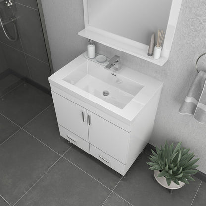 Alya Bath Ripley  30" Single White Modern Freestanding  Bathroom Vanity With Integrated Acrylic Top, Acrylic Sink and Wall Mounted Mirror - AT-8085-W+AT-30-M-W - Backyard Provider