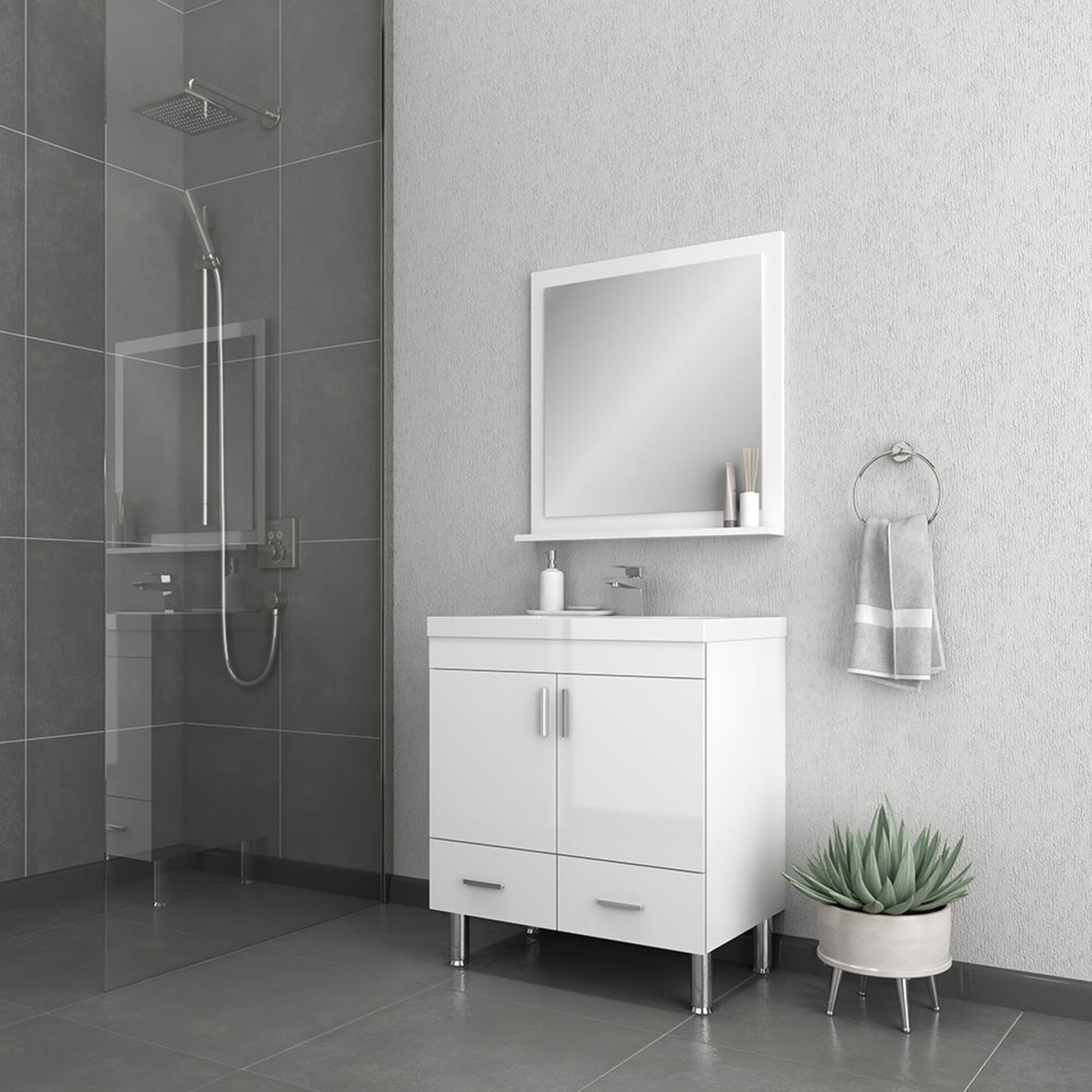 Alya Bath Ripley  30" Single White Modern Freestanding  Bathroom Vanity With Integrated Acrylic Top, Acrylic Sink and Wall Mounted Mirror - AT-8085-W+AT-30-M-W - Backyard Provider